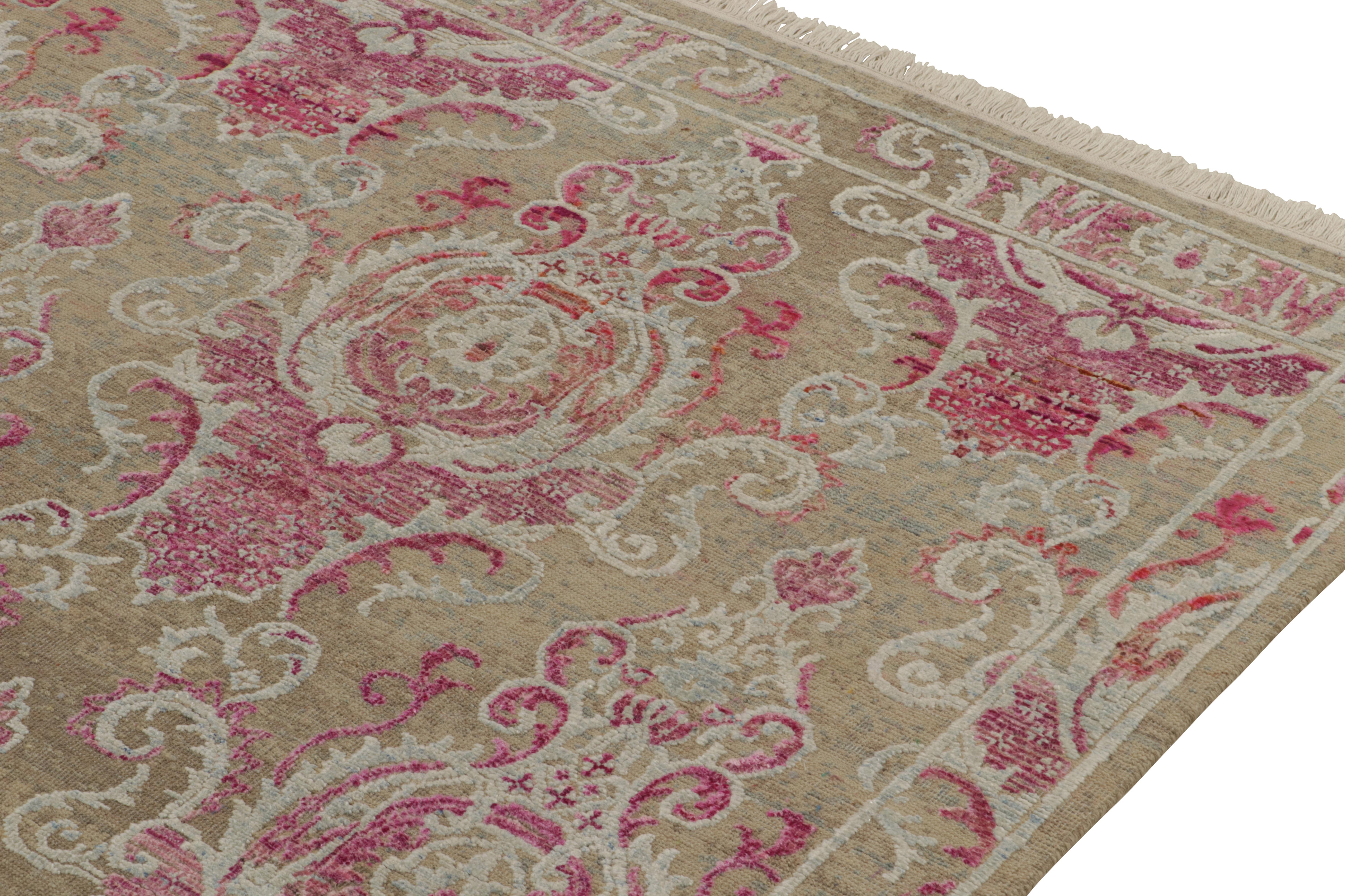 Hand-Knotted Rug & Kilim’s Classic Style rug in Beige with Pink and Pale Blue Floral Patterns For Sale