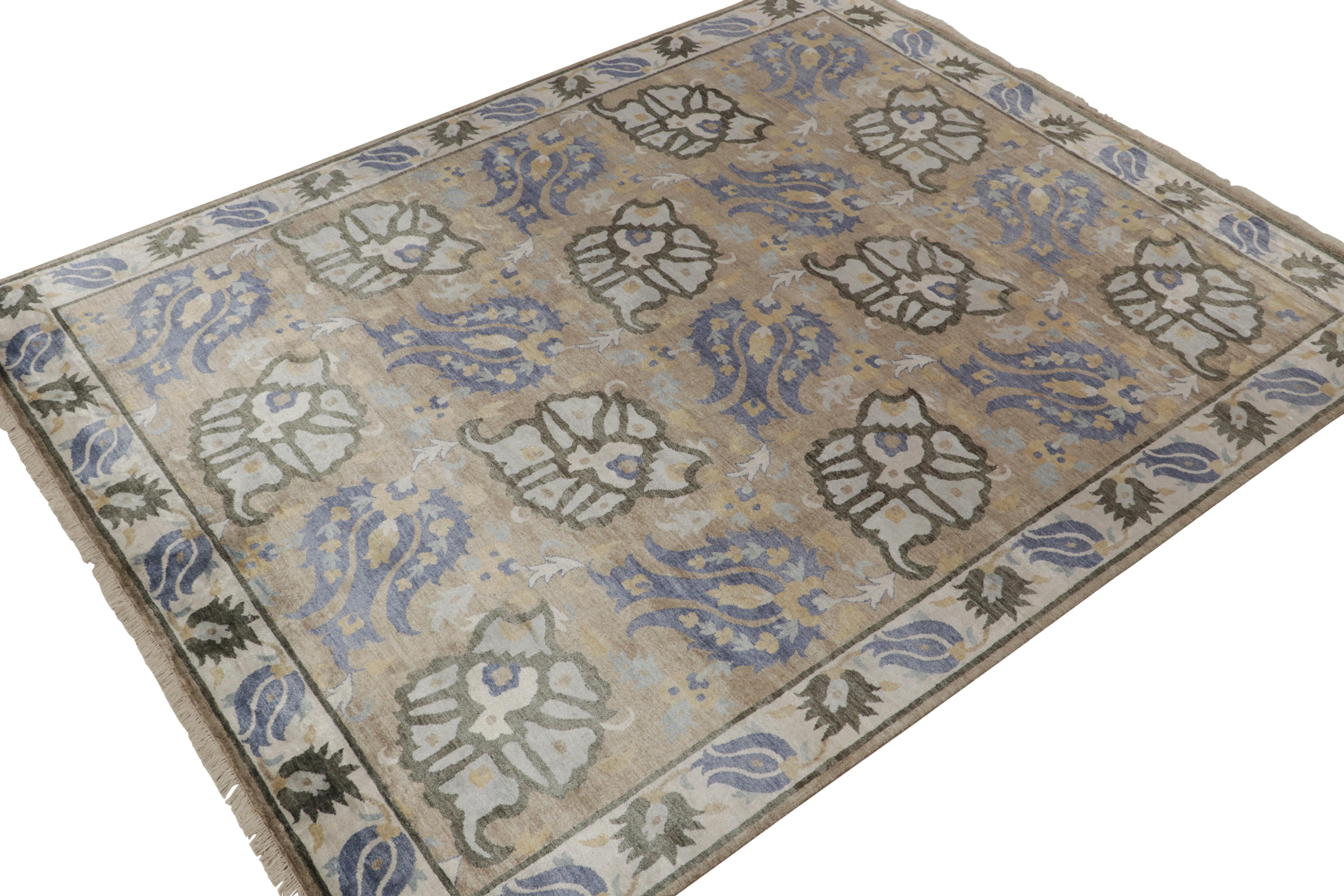 An 8x10 rug inspired from traditional rug styles, from Rug & Kilim’s Modern Classics Collection. Hand knotted in wool and silk, with an exceptional blue, beige-brown, gold and white in floral patterns from rare styles.
Further on the design:
The