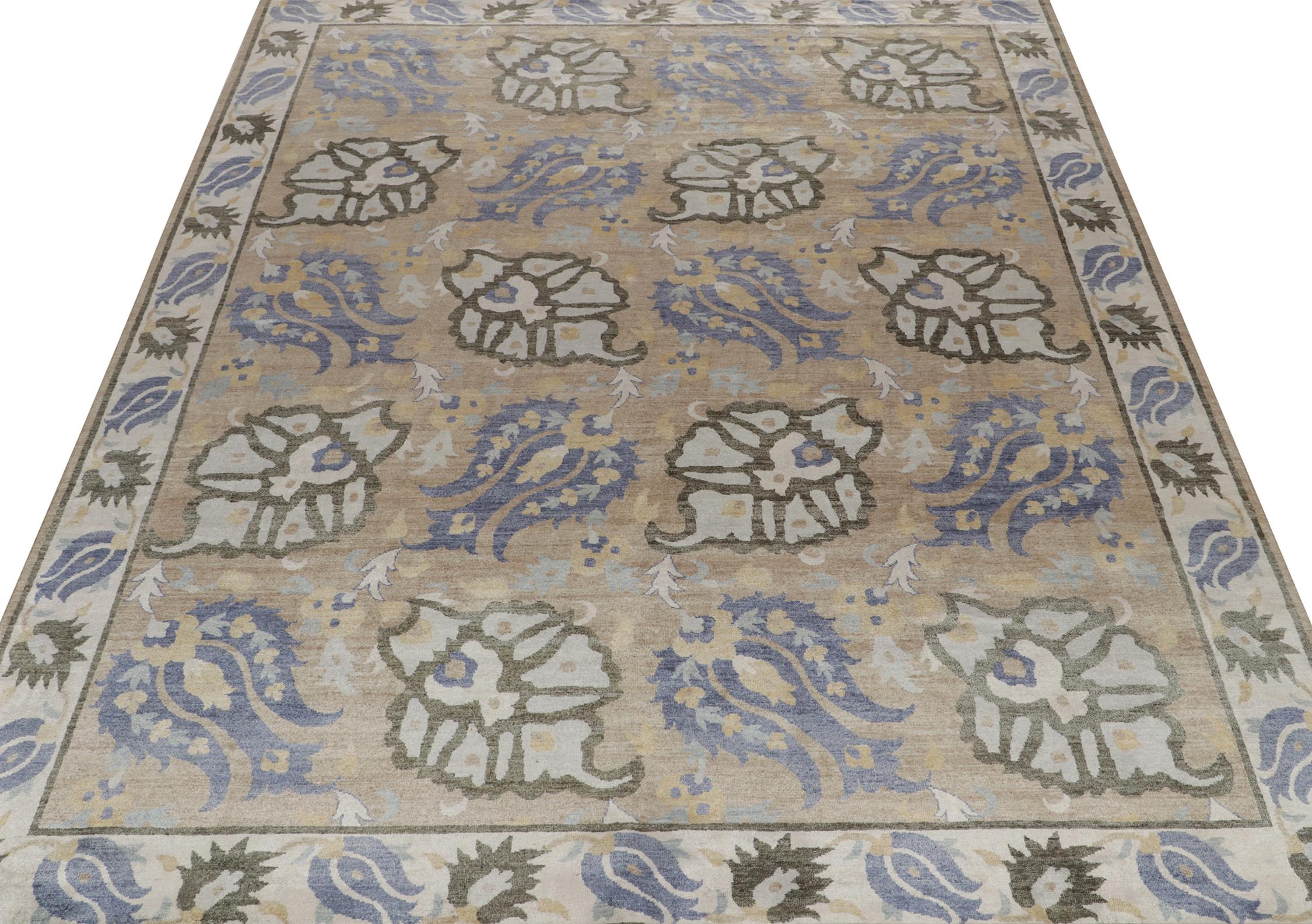 Indian Rug & Kilim’s Classic Style Rug in Brown with Beige and Blue Floral Patterns For Sale