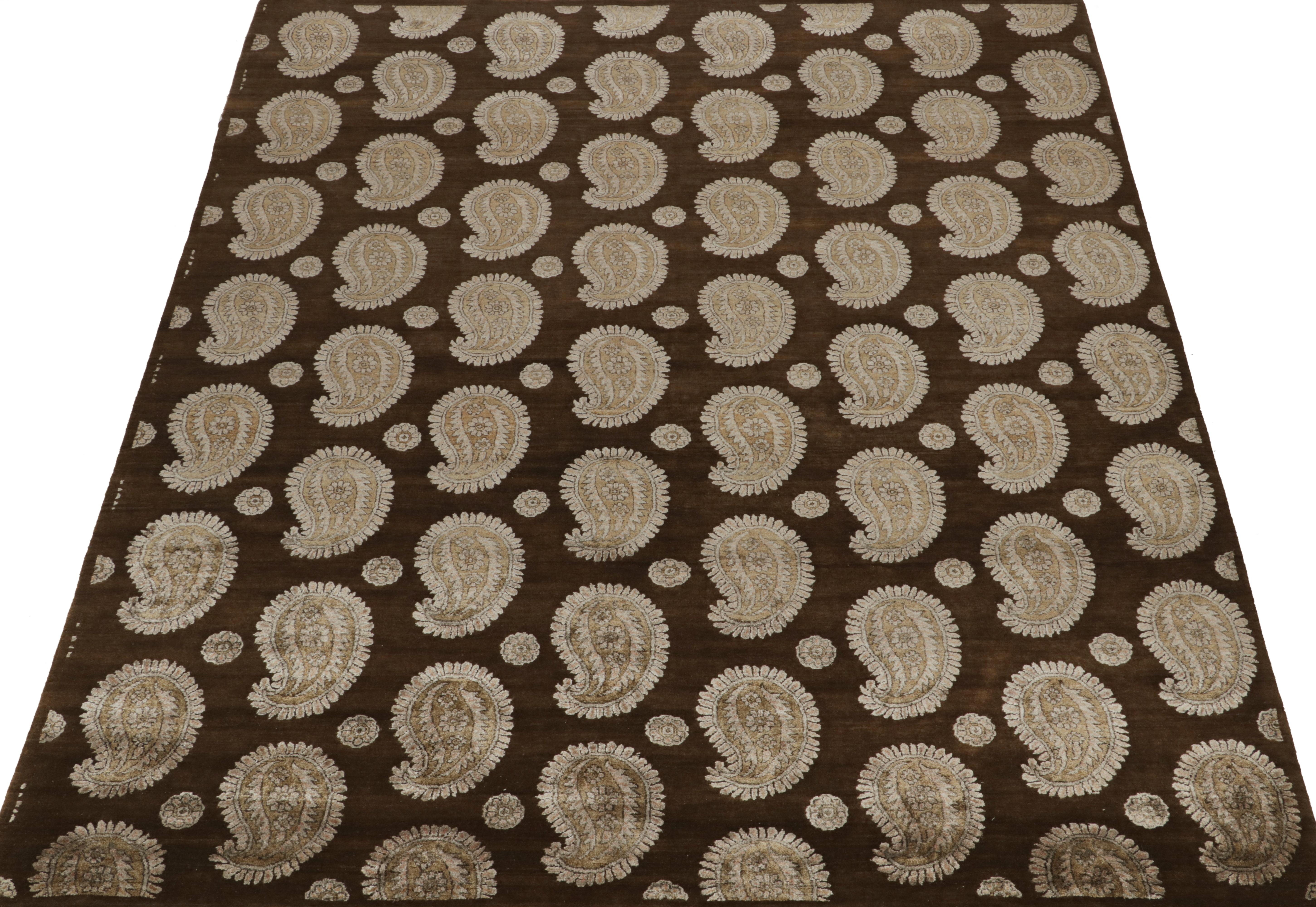Indian Rug & Kilim’s Classic Style Rug in Brown with Ivory Paisley Patterns For Sale