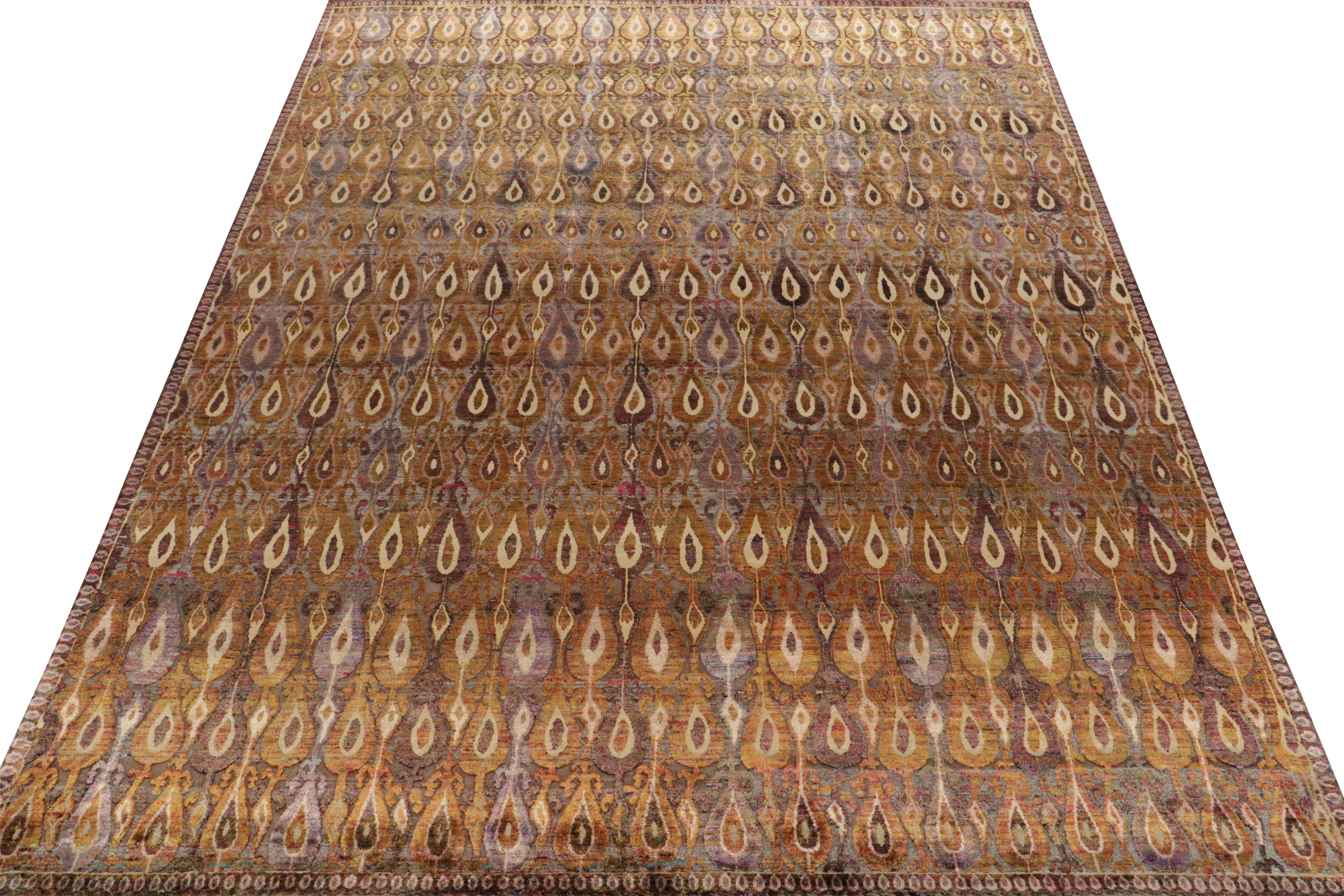 Indian Rug & Kilim’s Classic Style Rug in Gold and Purple Ikats Patterns For Sale