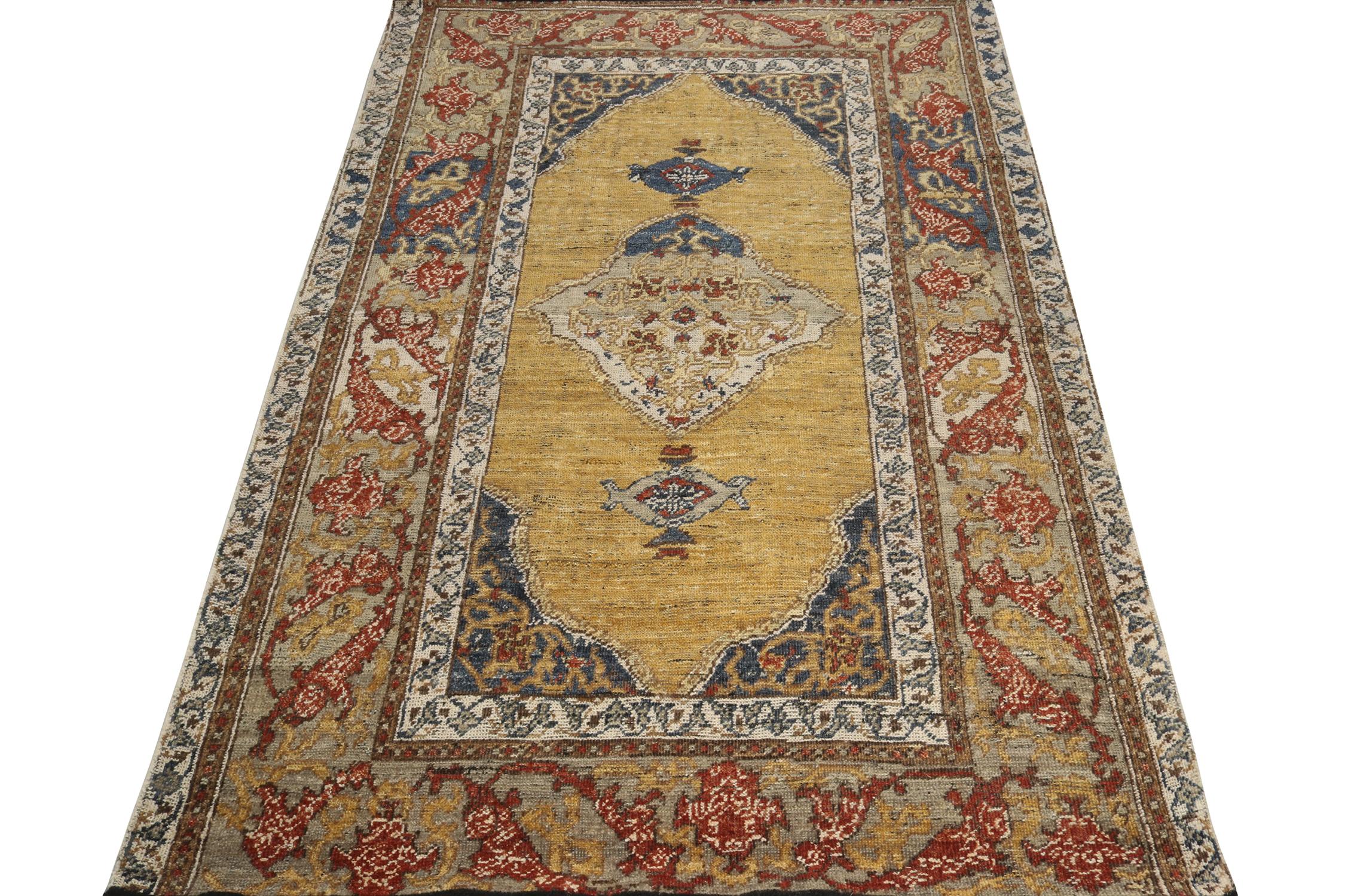 Indian Rug & Kilim’s Classic Style Rug in Gold Medallion Style with Red Floral Patterns For Sale