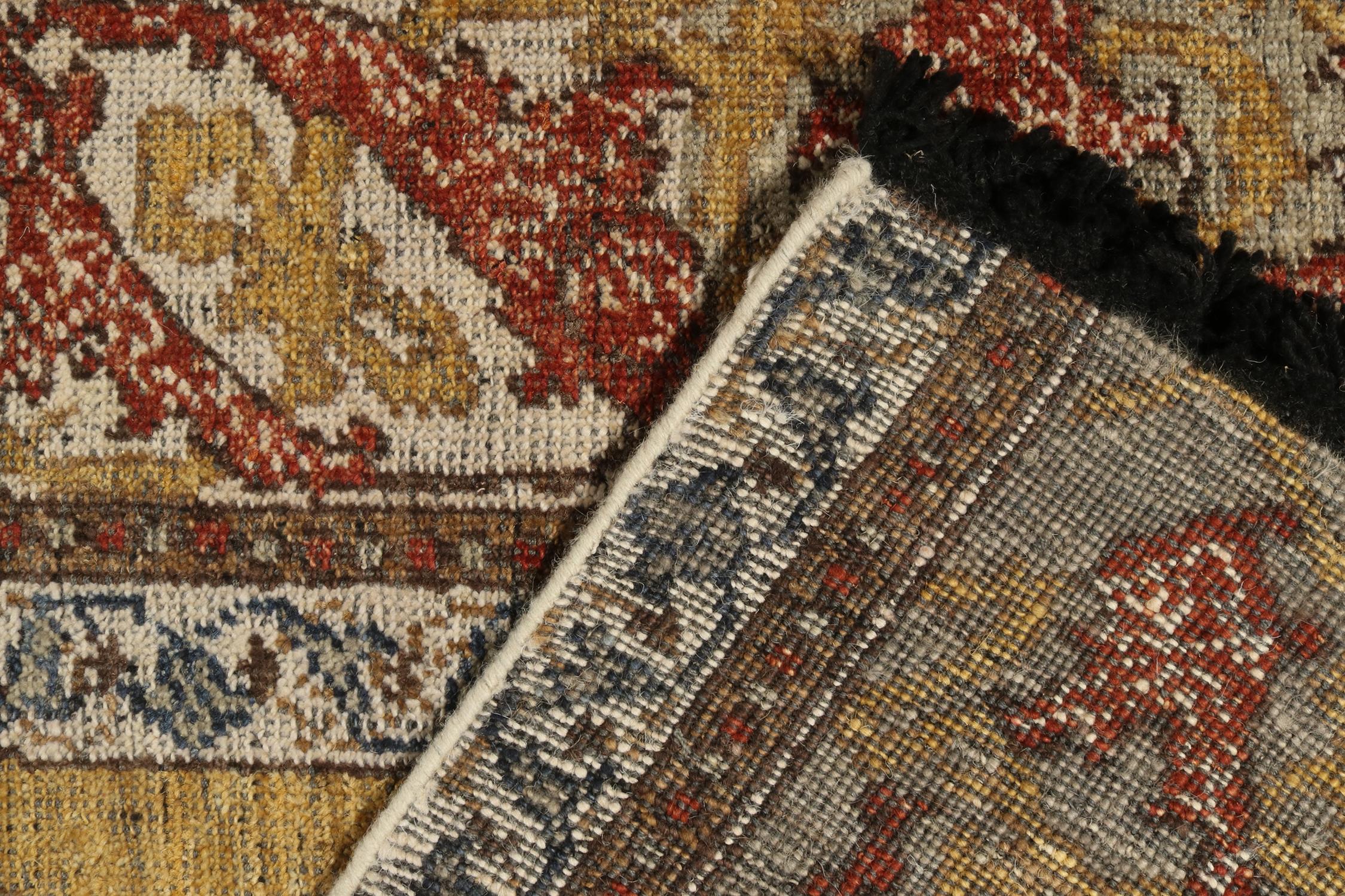 Wool Rug & Kilim’s Classic Style Rug in Gold Medallion Style with Red Floral Patterns For Sale