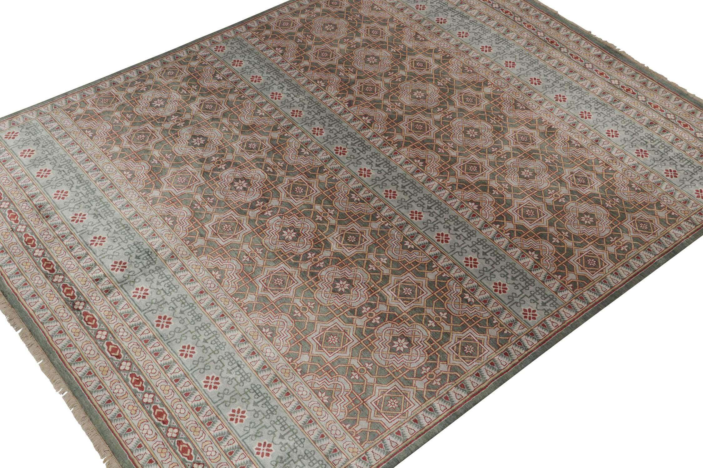 Ein 8x10 großer Teppich aus der Modern Classics Collection'S von Rug & Kilim, inspiriert von antiken europäischen Teppichstilen. Handgeknüpft in Wolle, spielt eine außergewöhnliche Eis und Stein blau, gold und rot in geometrischen Mustern mit