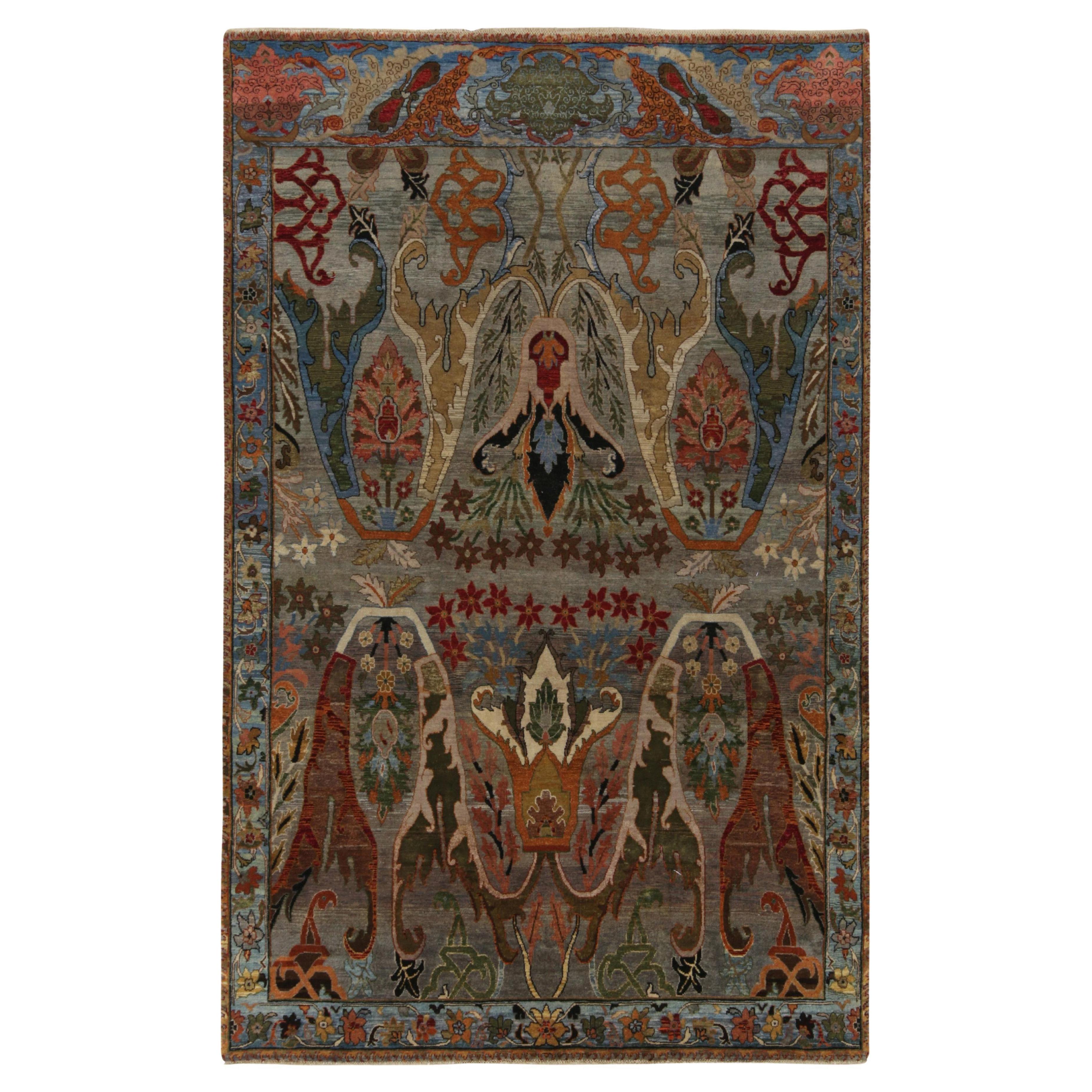 Rug & Kilim’s Classic Style Rug in Grey, Green & Blue with Polychrome Florals For Sale