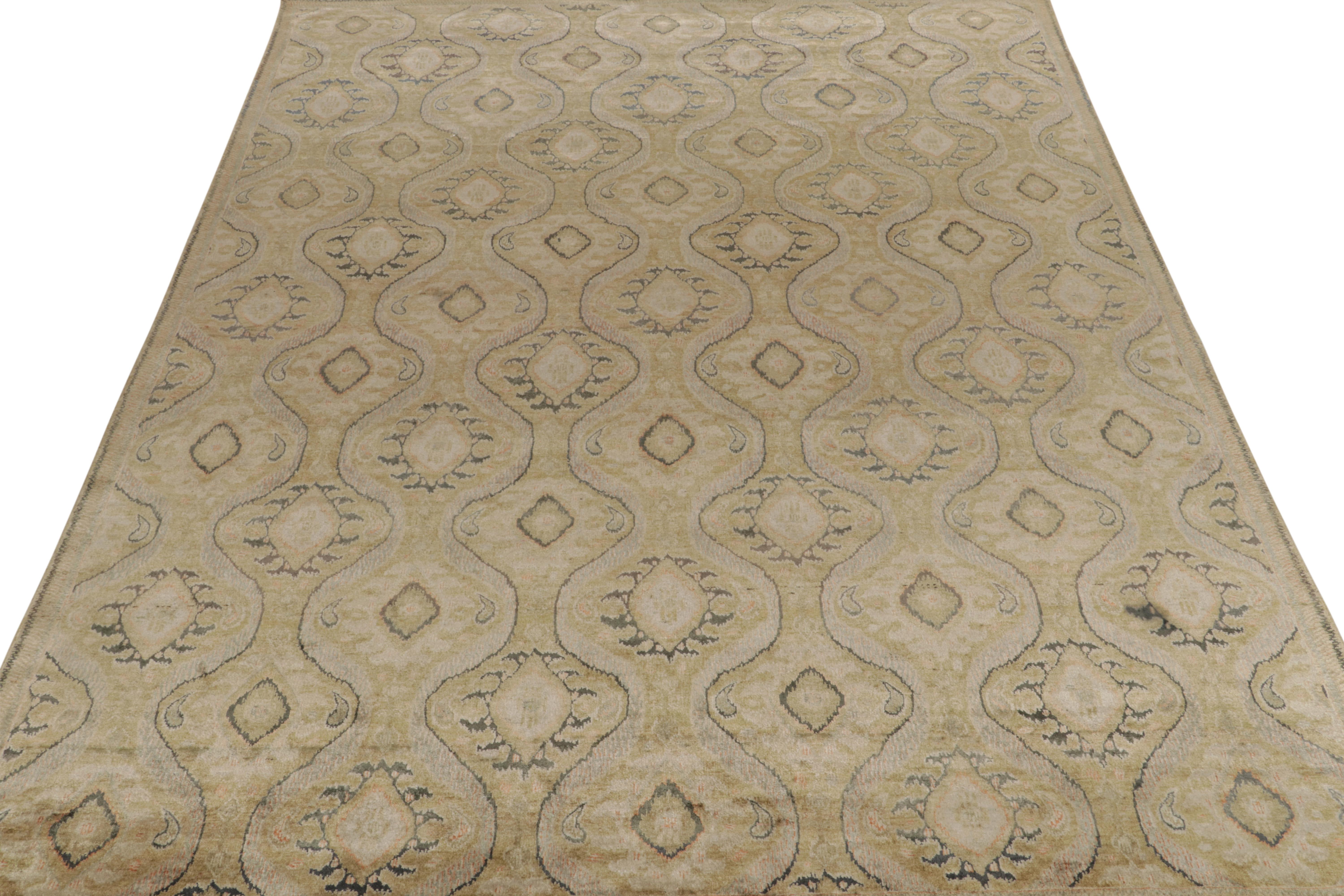Indian Rug & Kilim’s Classic Style rug in Green and Beige-Brown Ikats Patterns For Sale