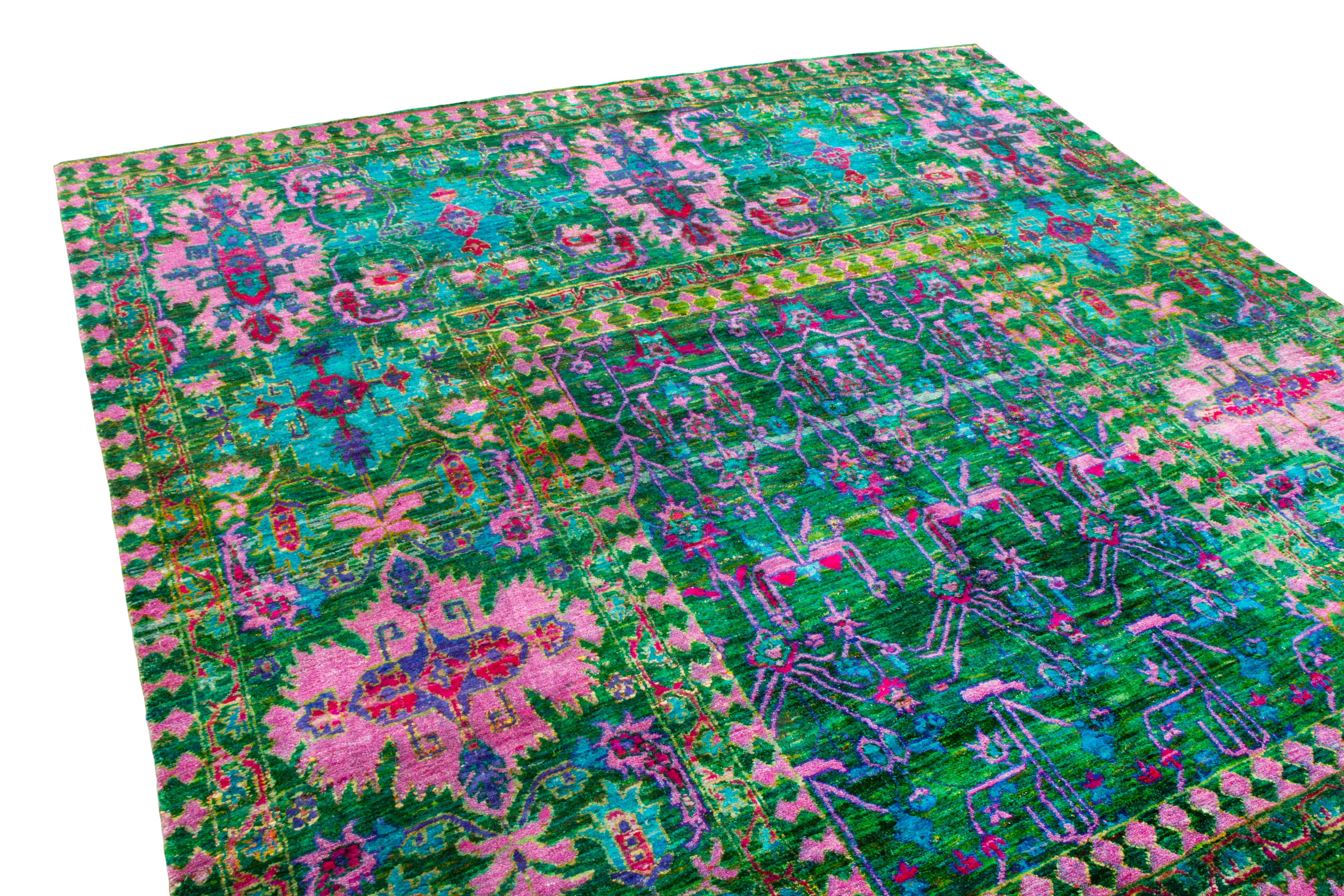 An 8x10 ode to classic rug styles in hand-knotted sari silk, from Rug & Kilim’s Modern Classics Collection. A rare, rich area rug our team has come to associate with a regal, very queenly presence. 

Further on the design: The greens, pinks, reds,