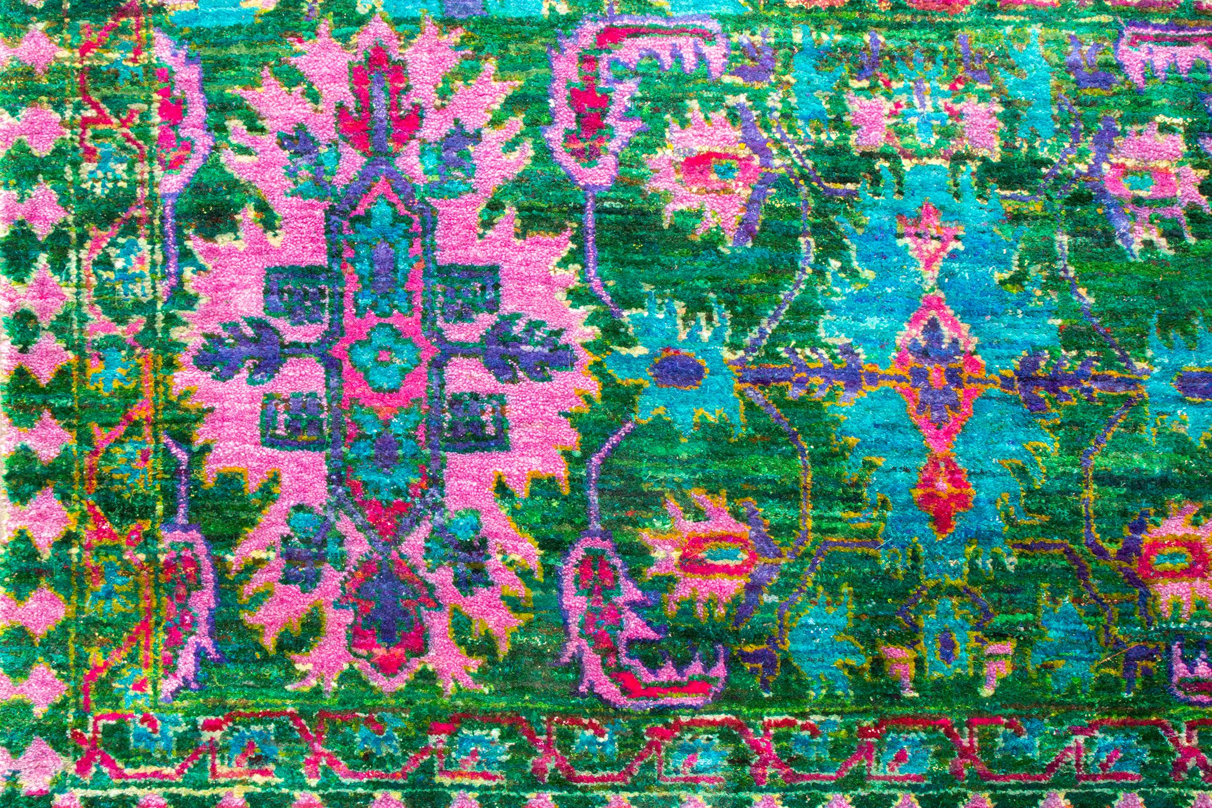 Hand-Knotted Rug & Kilim’s Classic Style Rug in Green and Pink All Over Floral Pattern