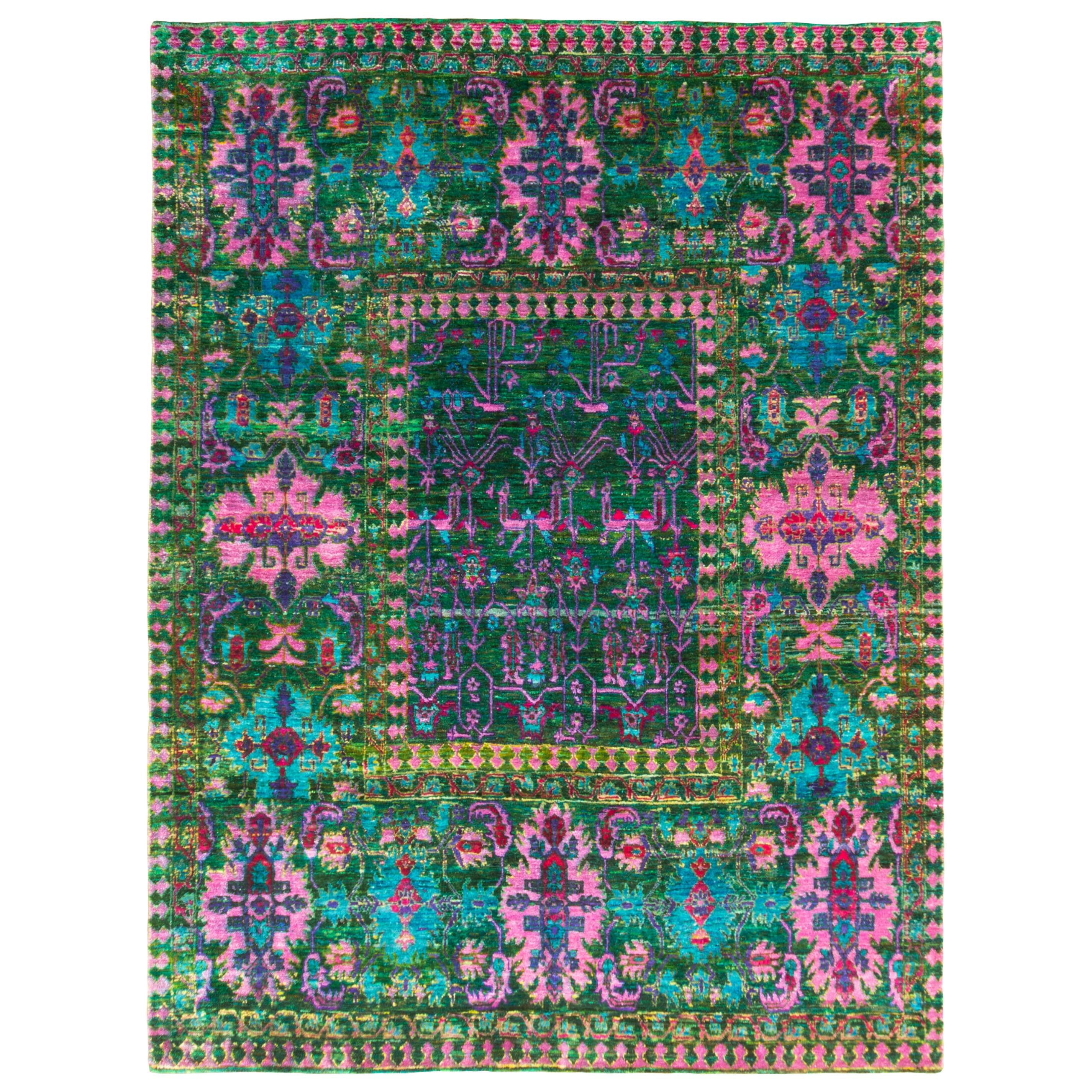 Rug & Kilim’s Classic Style Rug in Green and Pink All Over Floral Pattern