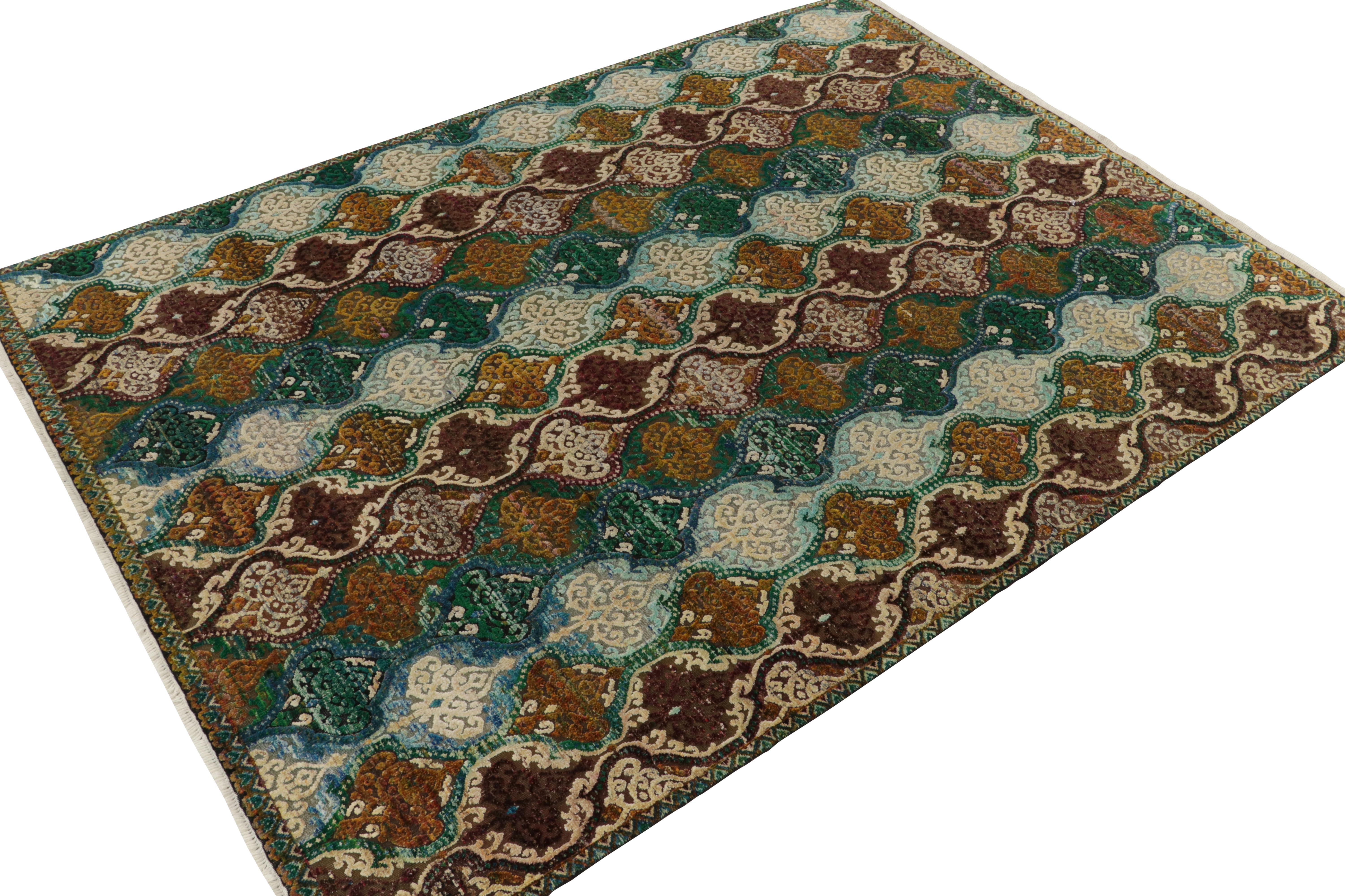 Hand-knotted in wool & silk, this 9x12 contemporary rug from our Modern Classics collection marks an inventive take on antique Indian rug sensibilities. 

A gracious scale hosts a series of floral crest patterns in rich gold, forest green, rich
