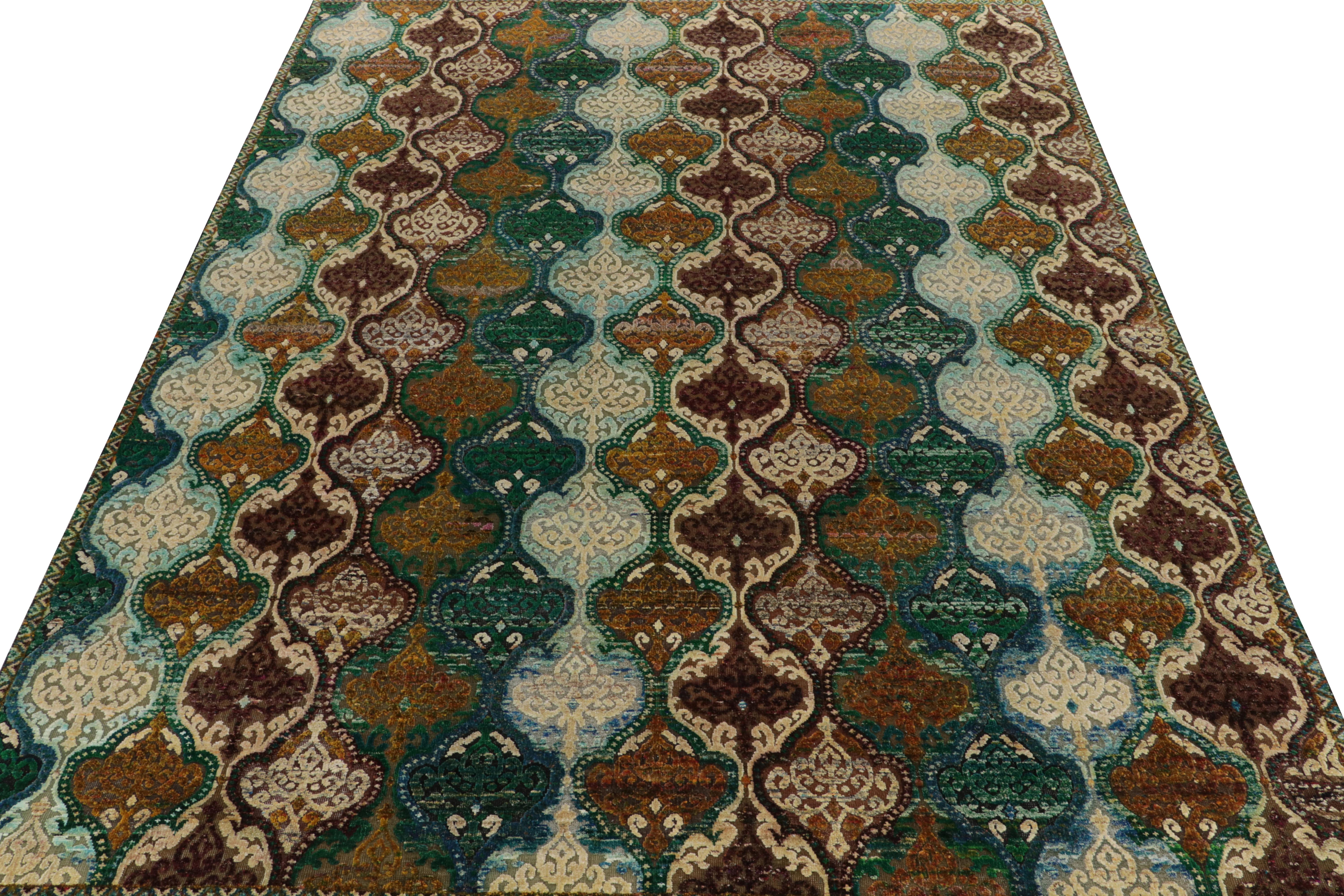 Indian Rug & Kilim’s Classic Style Rug in Green, Gold and White Crest Patterns For Sale