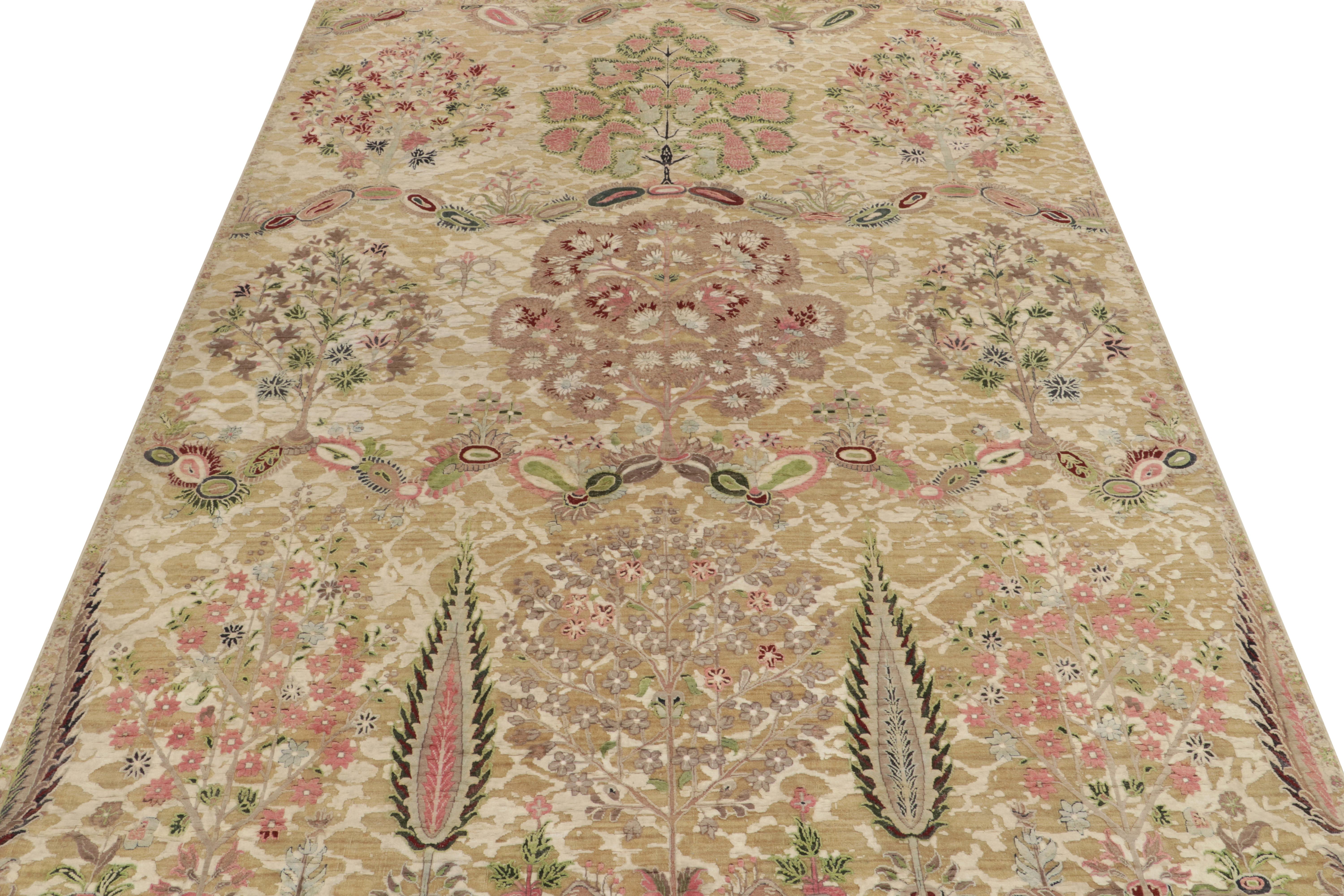 Indian Rug & Kilim’s Classic Style Rug in Green, Pink and Beige-Brown Floral Pattern For Sale