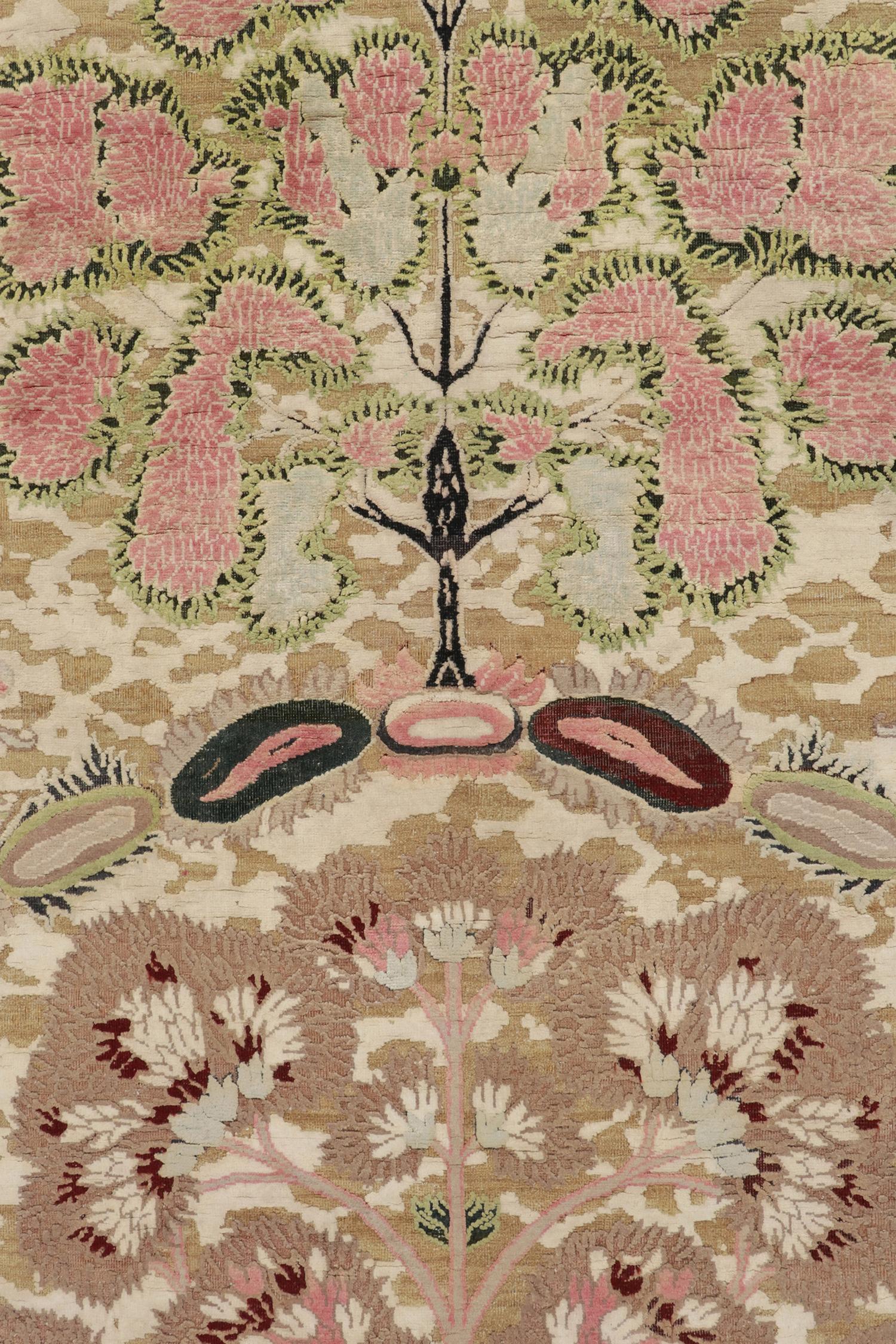 Wool Rug & Kilim’s Classic Style Rug in Green, Pink and Beige-Brown Floral Pattern For Sale