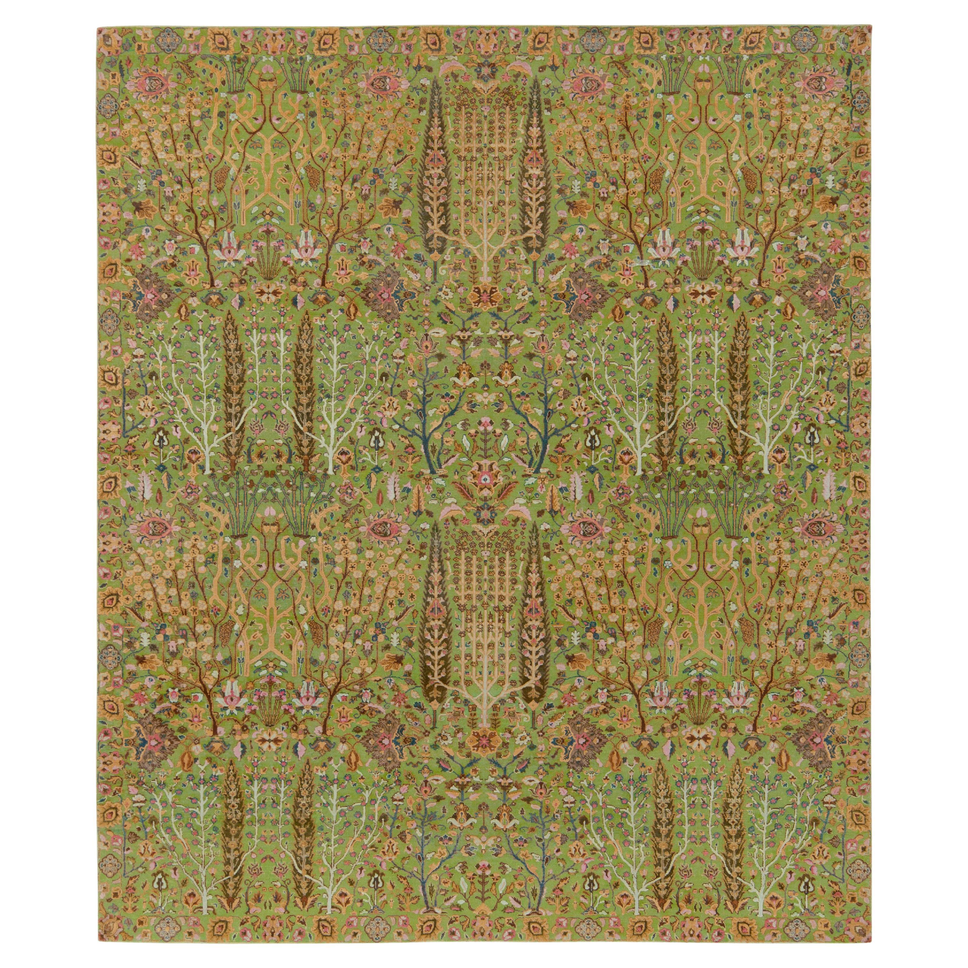 Rug & Kilim’s Classic Style Rug in Green, Pink, Brown Floral Pattern