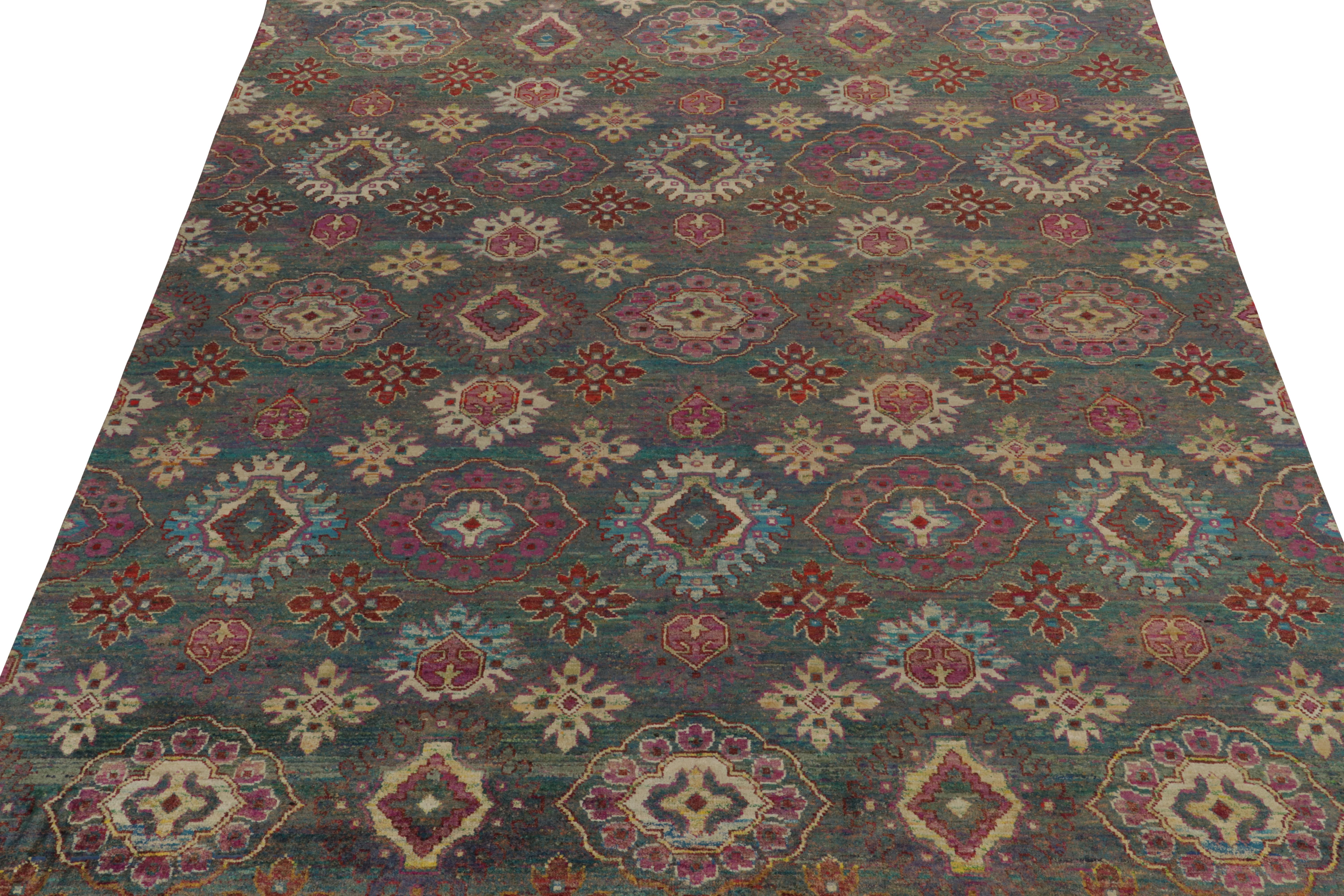 Indian Rug & Kilim’s Classic Style Rug in Green with Beige and Red Ikats Medallions For Sale