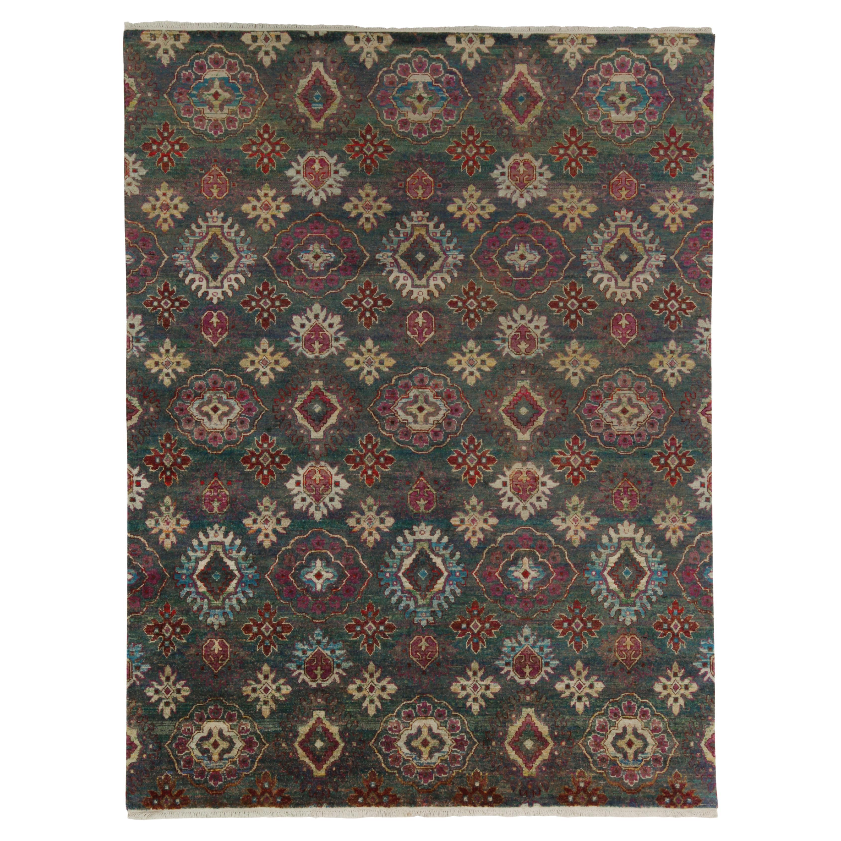 Rug & Kilim’s Classic Style Rug in Green with Beige and Red Ikats Medallions