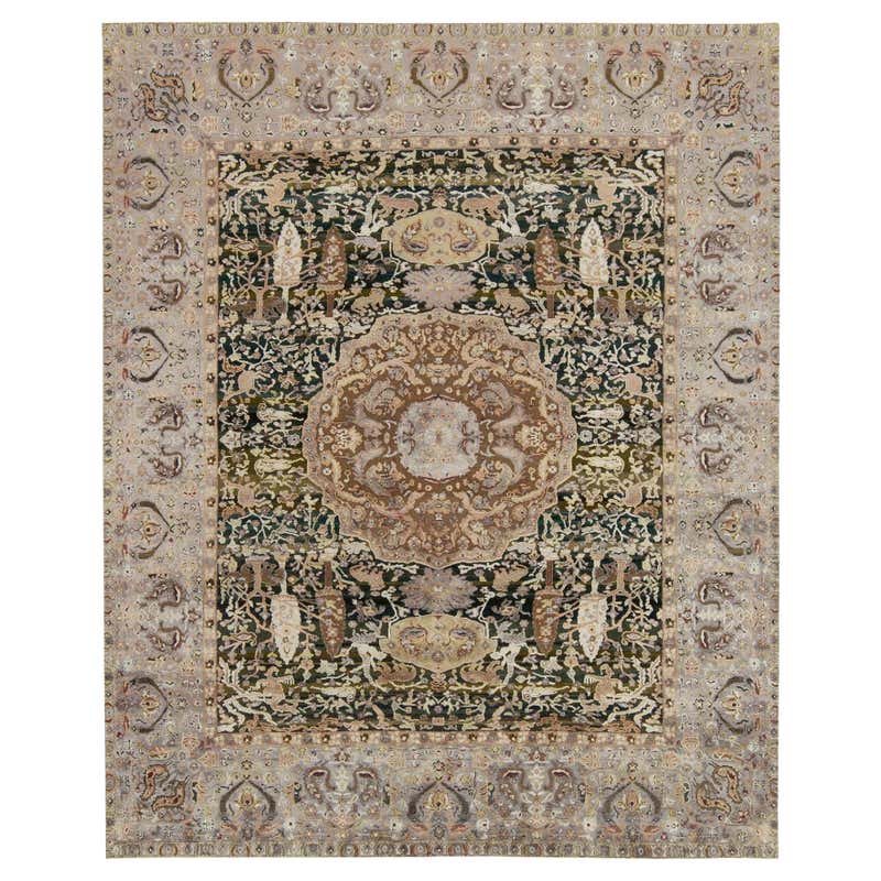 Rug and Kilim’s Classic Style Rug in Beige-Brown and Silver-Gray Floral ...