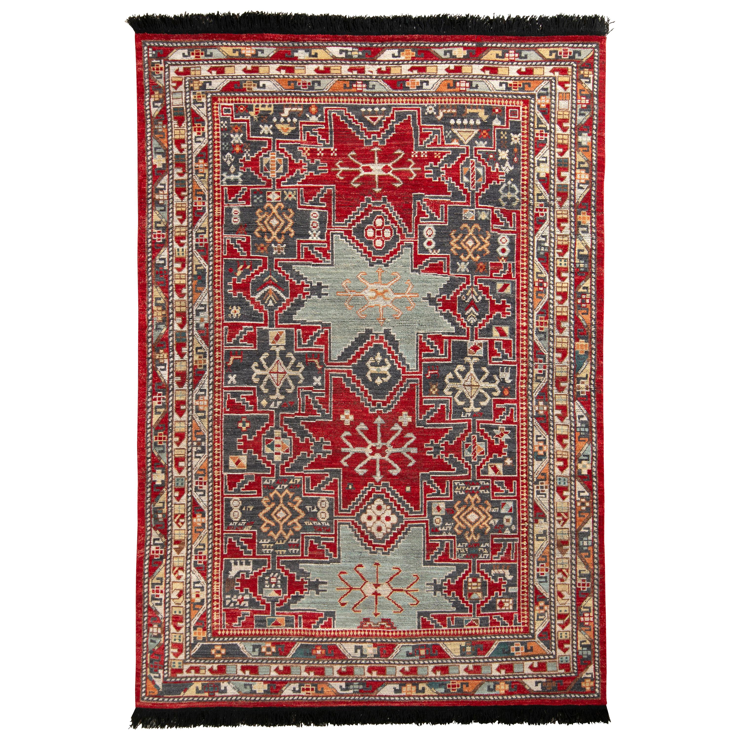 Alfombra de estilo clásico Rug & Kilim con diseño geométrico rojo y azul