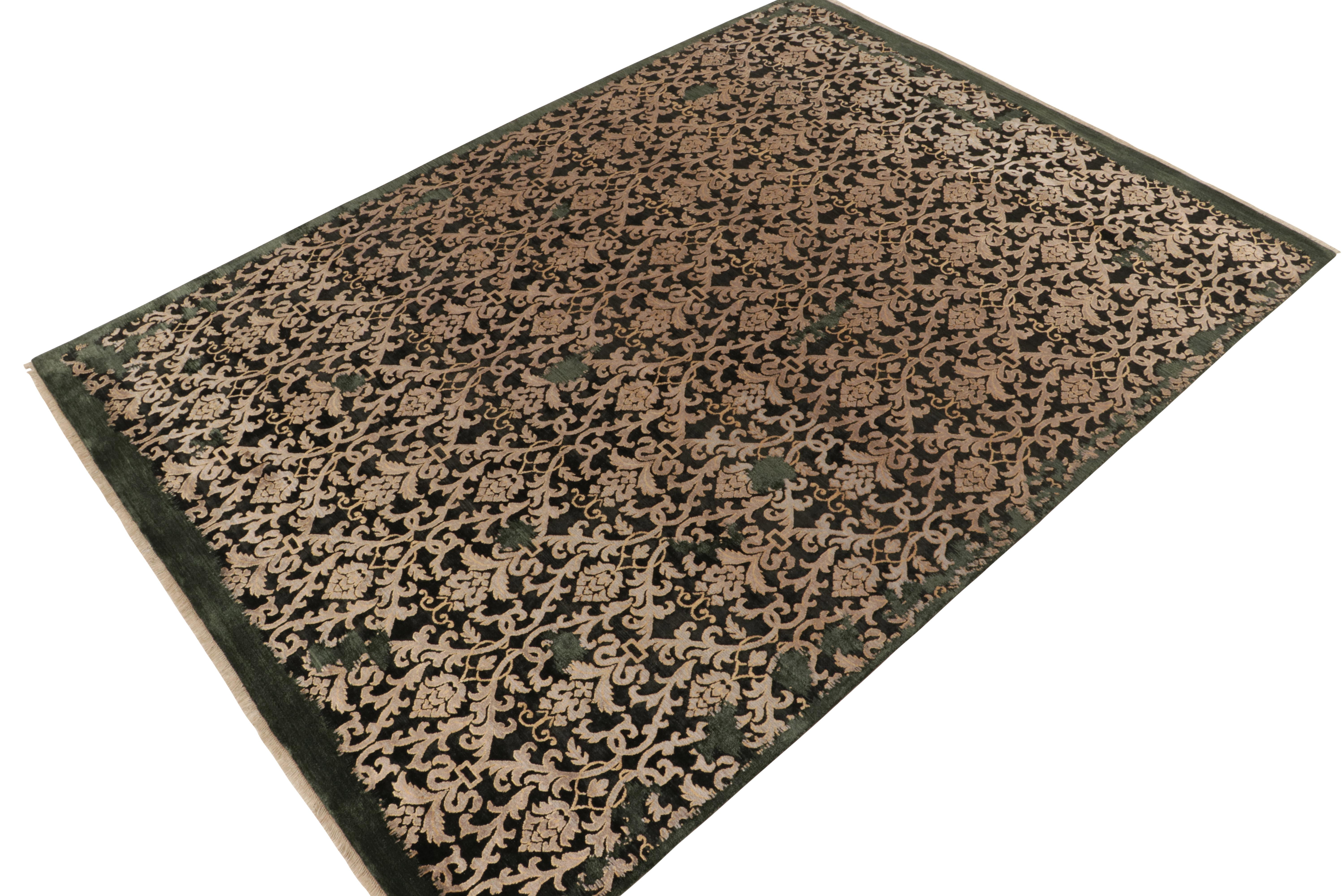 Hand-knotted in luxurious wool & silk, this 9x12 contemporary rug from our Modern Classics collection uniquely recaptures antique European styles. 

On the Design: A gracious scale hosts a gorgeous play of venetian-style silver-gray florals with