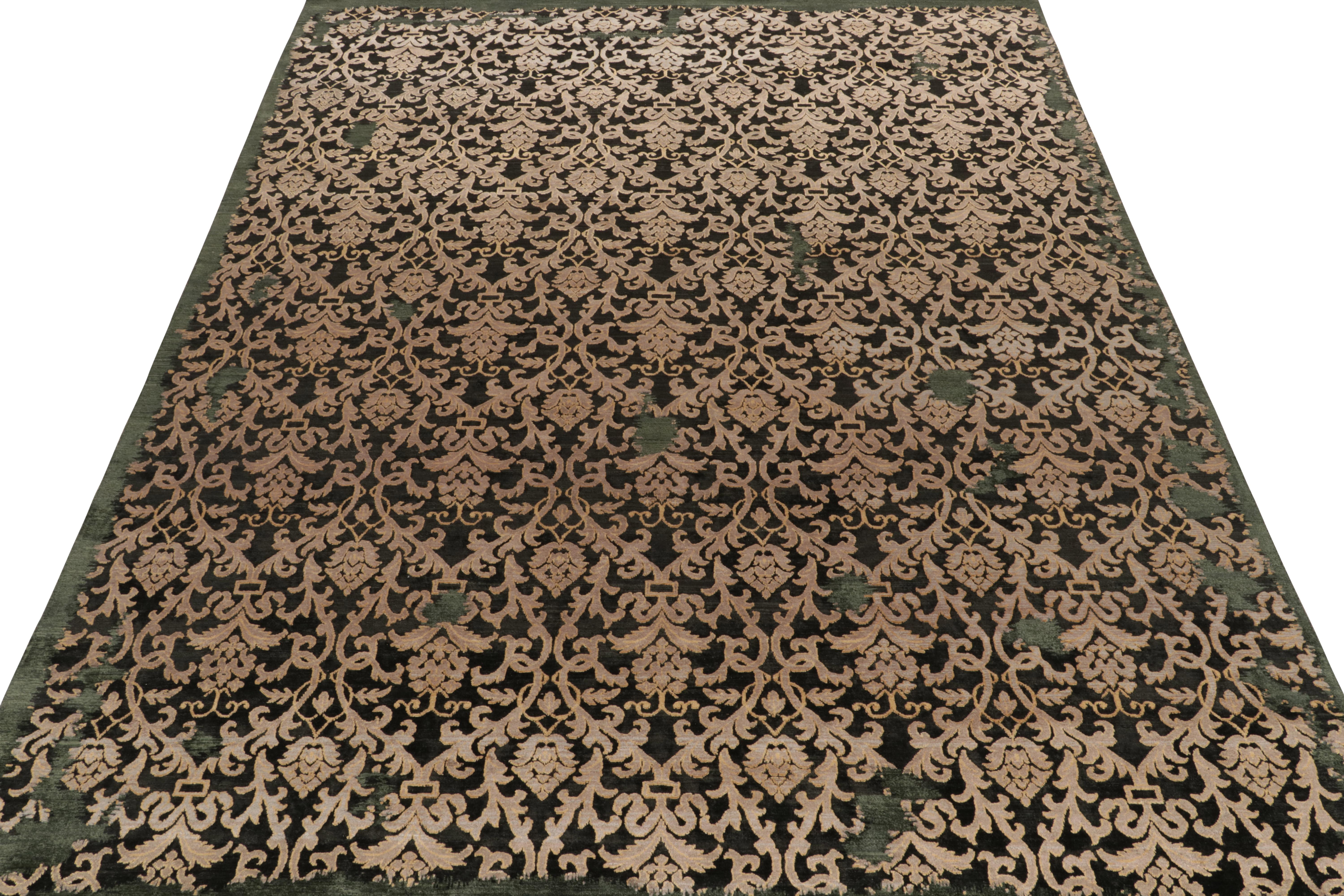 Modern Rug & Kilim’s Classic-Style Rug in Silver Floral Patterns on Black & Green For Sale