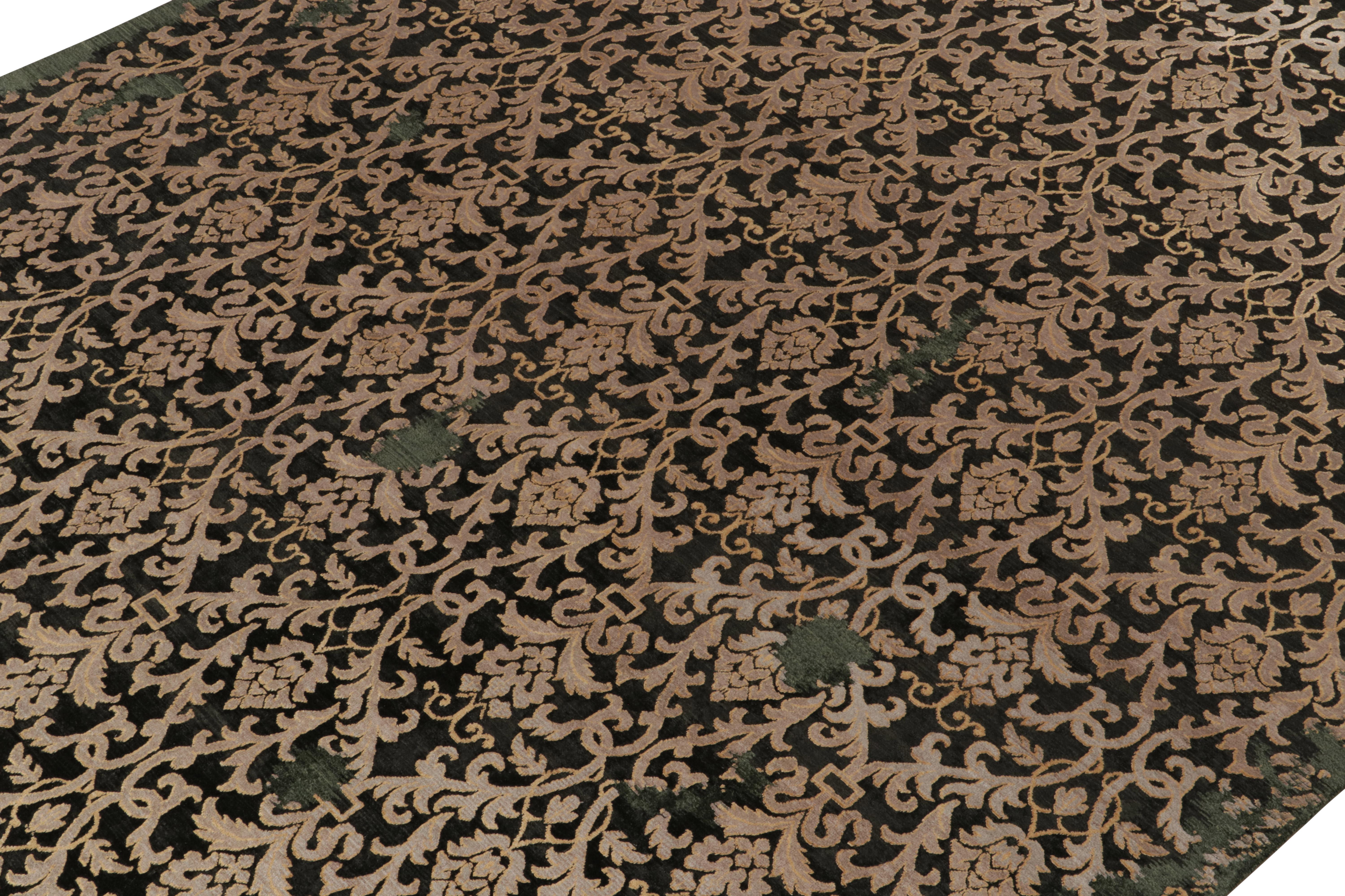 Indian Rug & Kilim’s Classic-Style Rug in Silver Floral Patterns on Black & Green For Sale