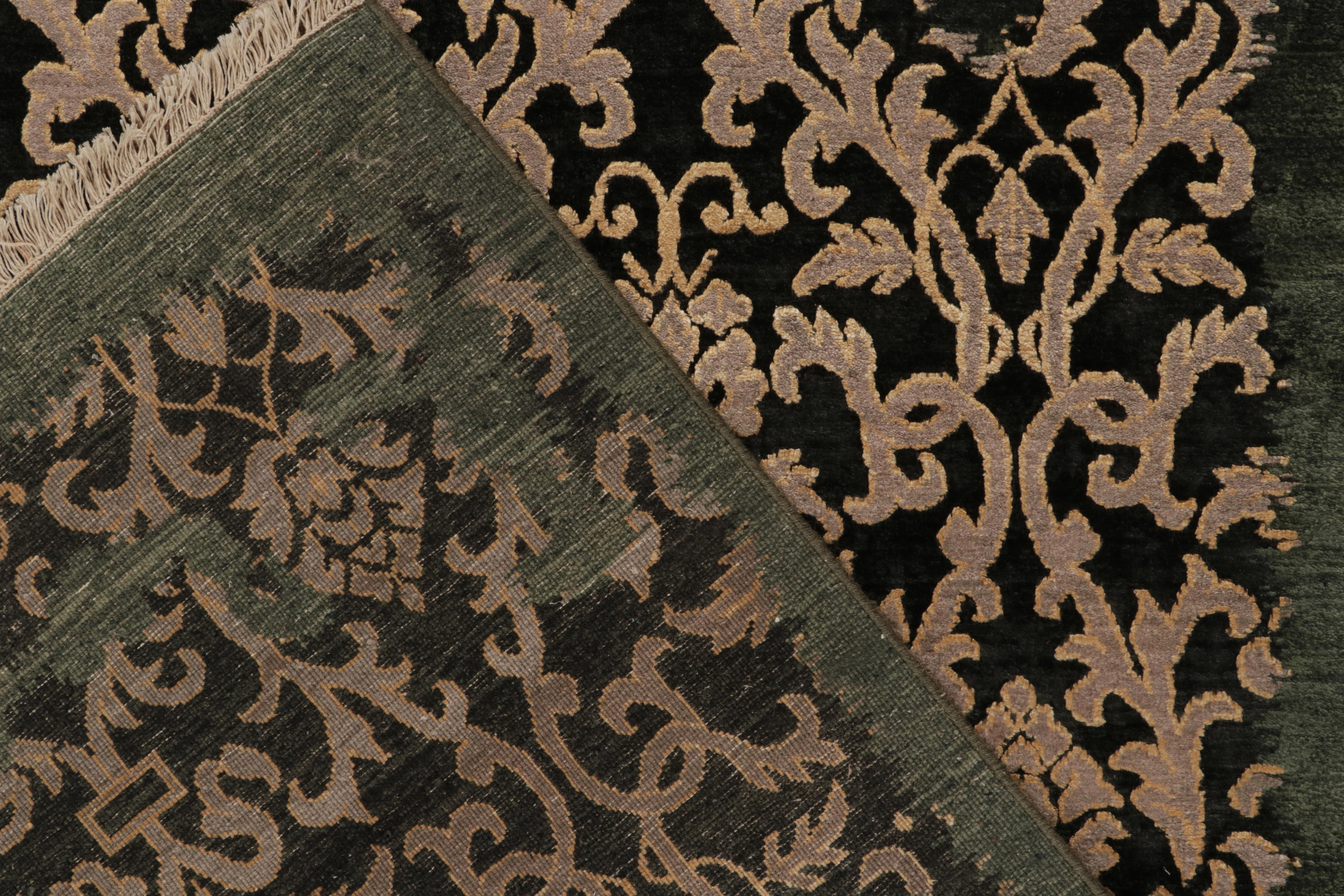 Hand-Knotted Rug & Kilim’s Classic-Style Rug in Silver Floral Patterns on Black & Green For Sale