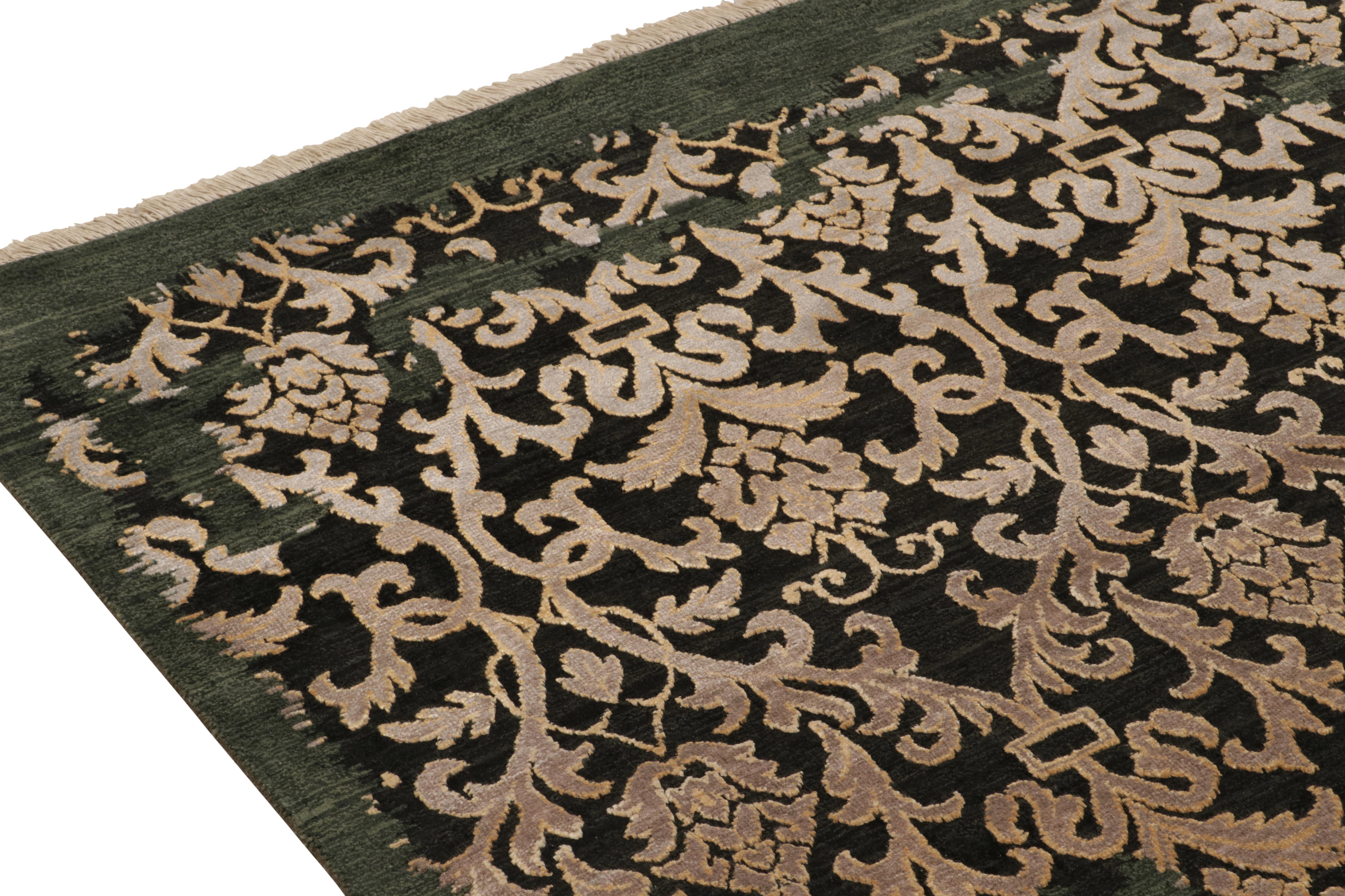 Rug & Kilim’s Classic-Style Rug in Silver Floral Patterns on Black & Green In New Condition For Sale In Long Island City, NY