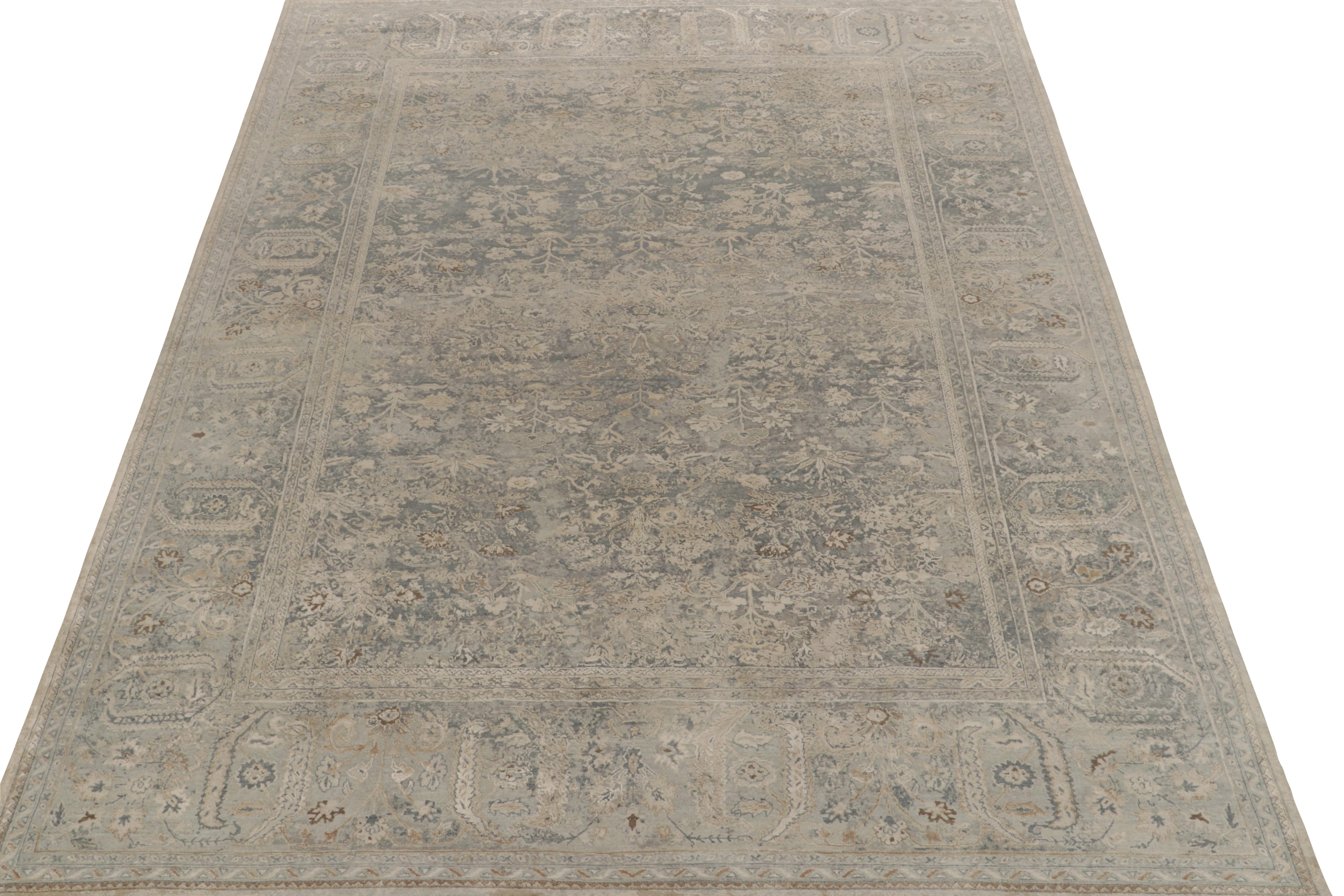 Indian Rug & Kilim’s Classic Style Rug in Silver-Gray, Blue & Beige Floral Pattern For Sale