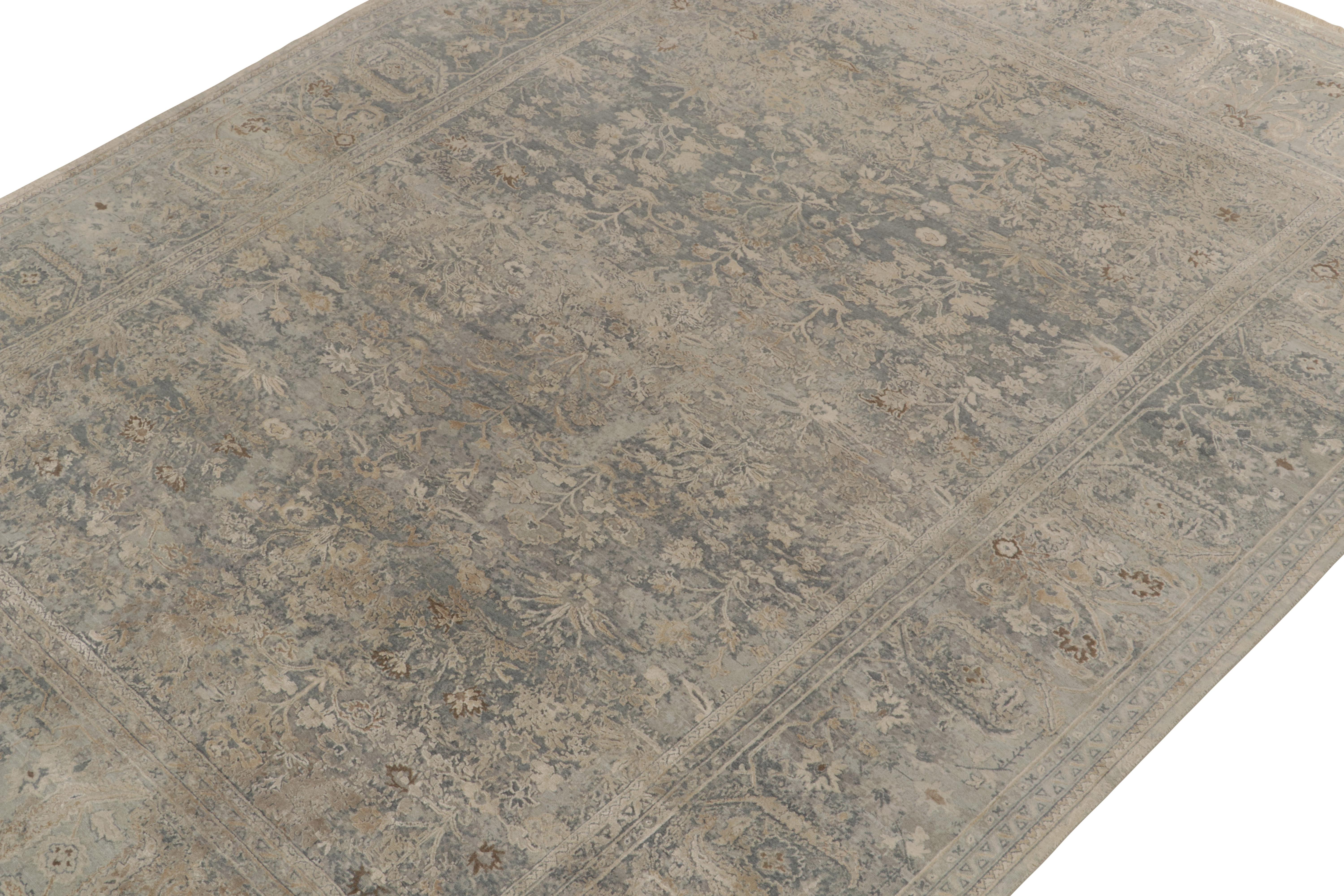 Hand-Knotted Rug & Kilim’s Classic Style Rug in Silver-Gray, Blue & Beige Floral Pattern For Sale