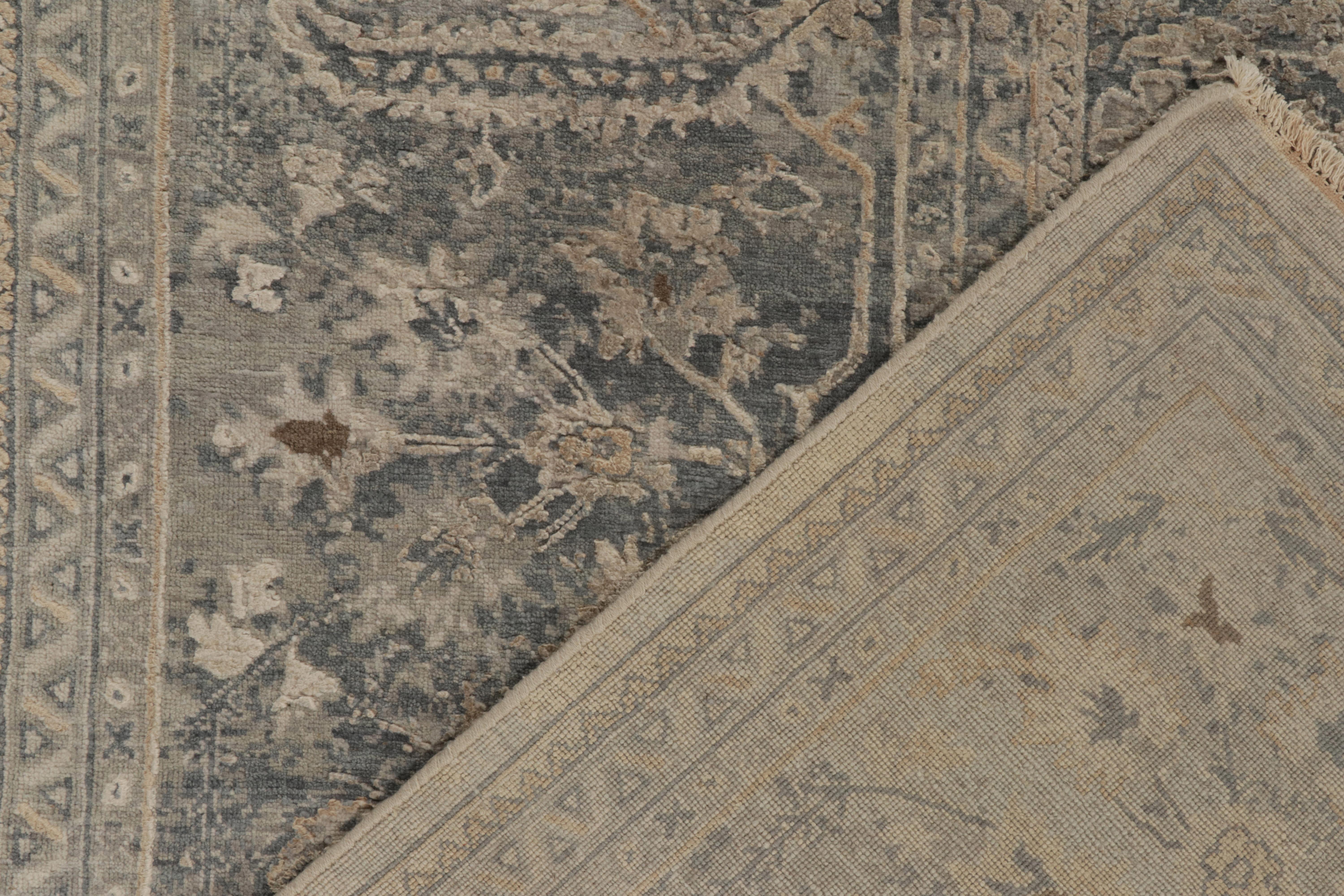 Silk Rug & Kilim’s Classic Style Rug in Silver-Gray, Blue & Beige Floral Pattern For Sale