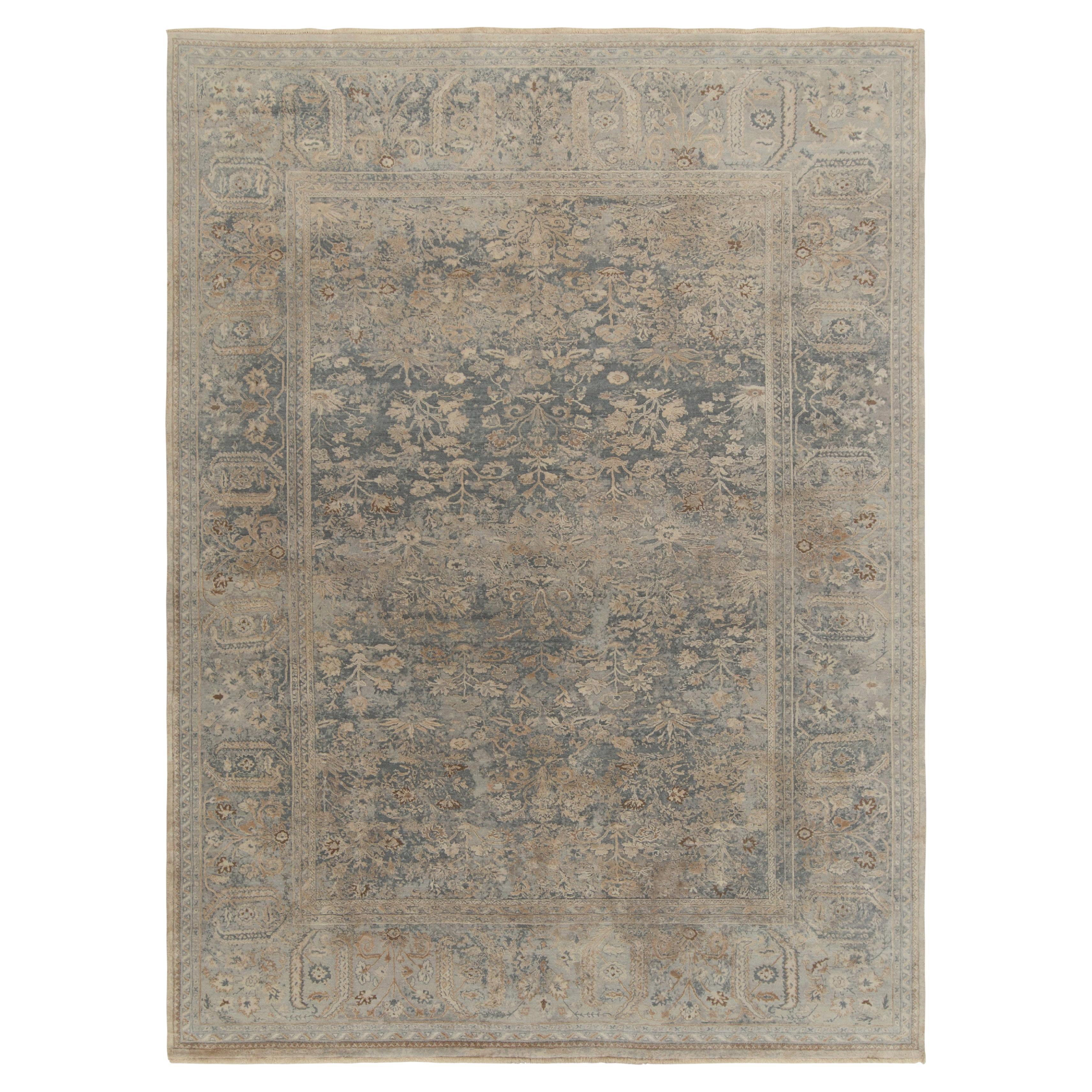 Rug & Kilim’s Classic Style Rug in Silver-Gray, Blue & Beige Floral Pattern For Sale