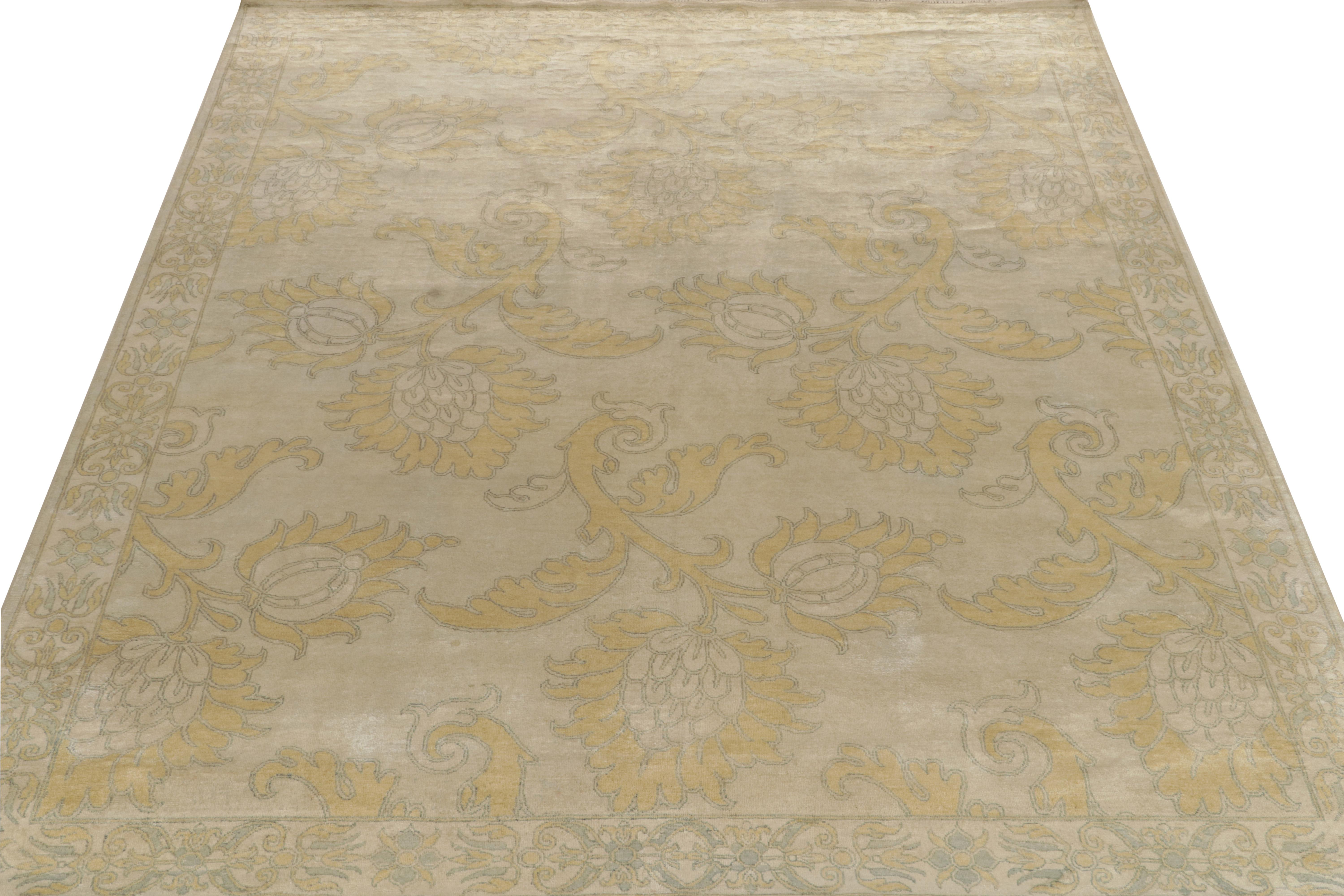 Indian Rug & Kilim’s Classic Style rug in Tan with Blue and Gold Floral Patterns For Sale