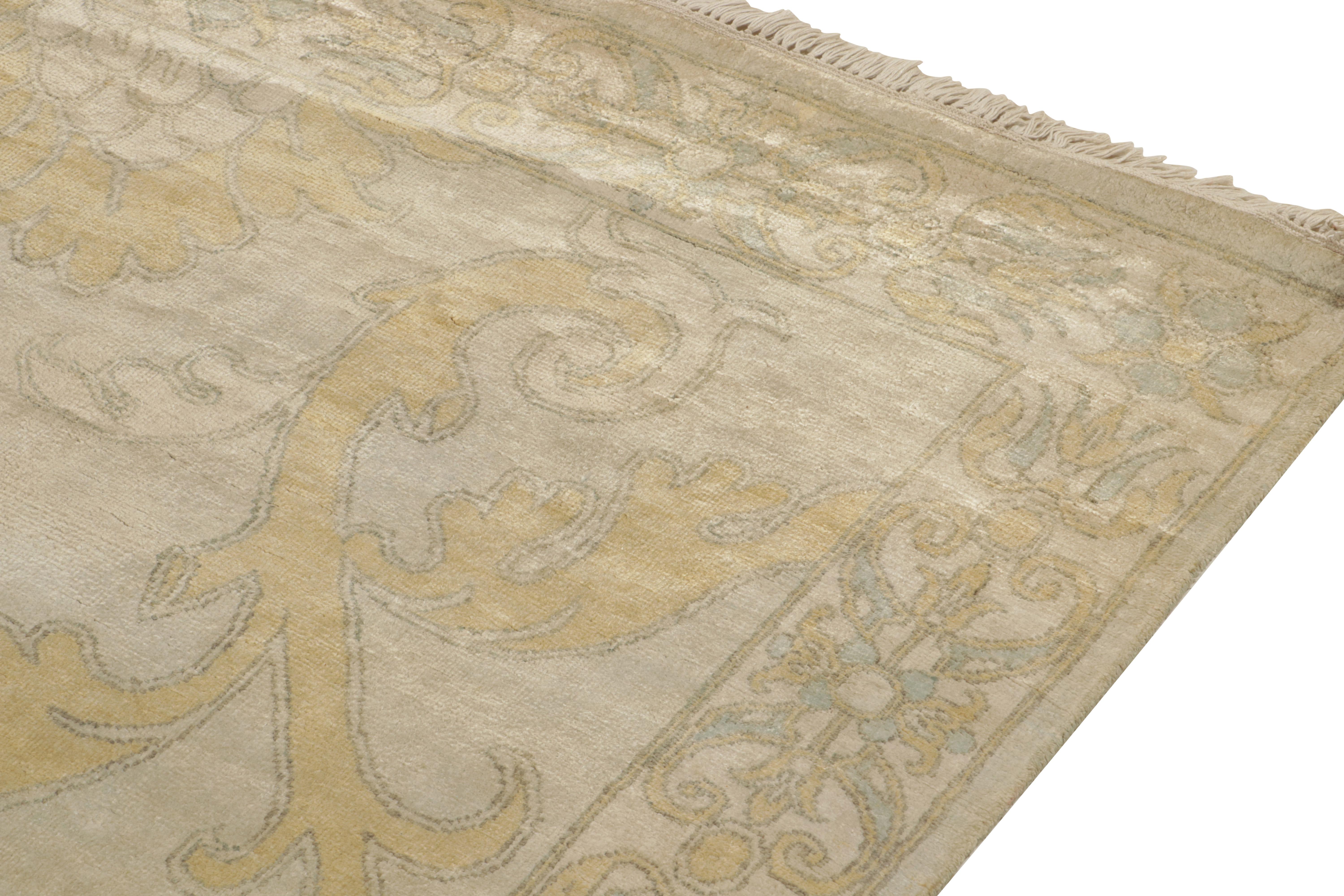Rug & Kilim’s Classic Style rug in Tan with Blue and Gold Floral Patterns In New Condition For Sale In Long Island City, NY