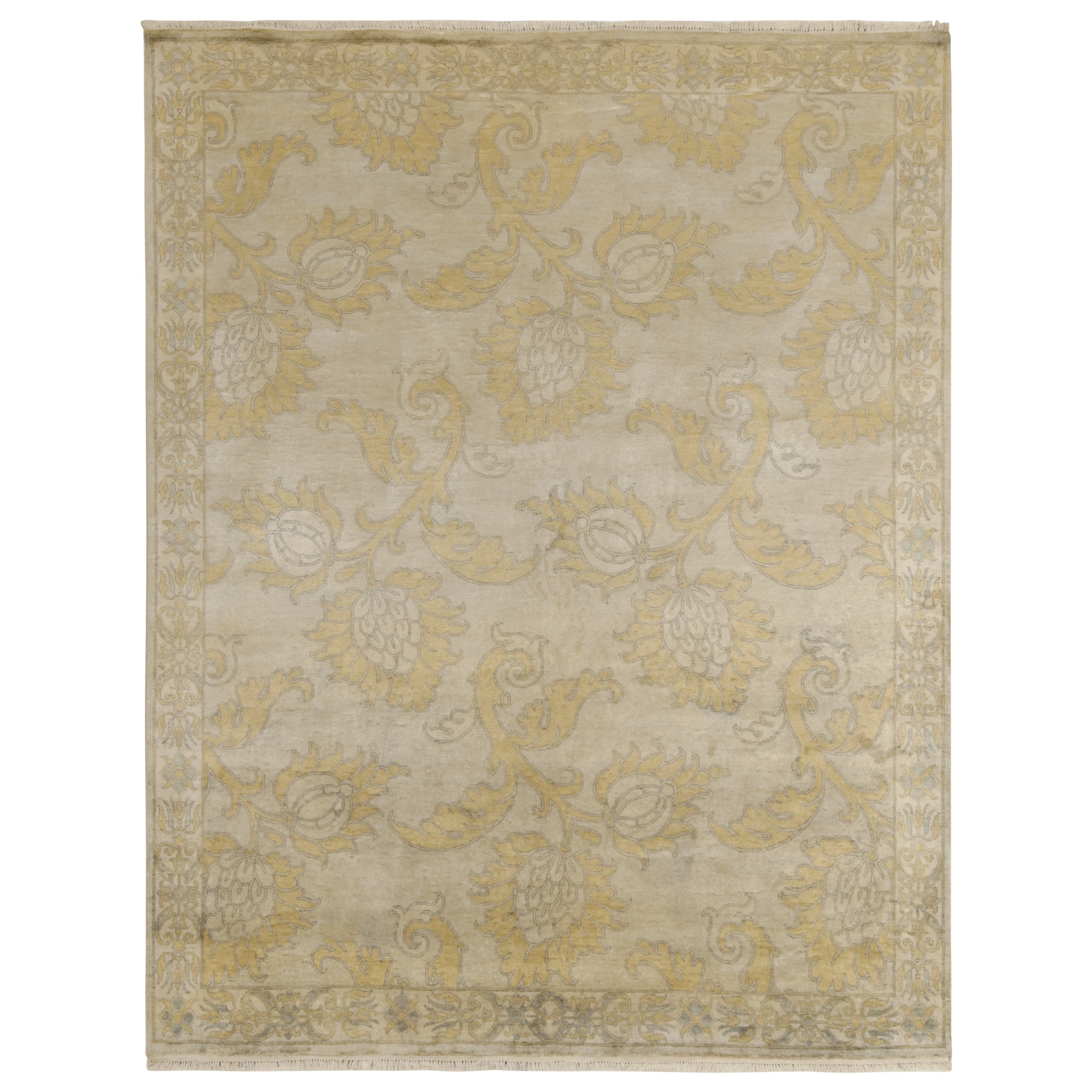 Rug & Kilim’s Classic Style rug in Tan with Blue and Gold Floral Patterns For Sale