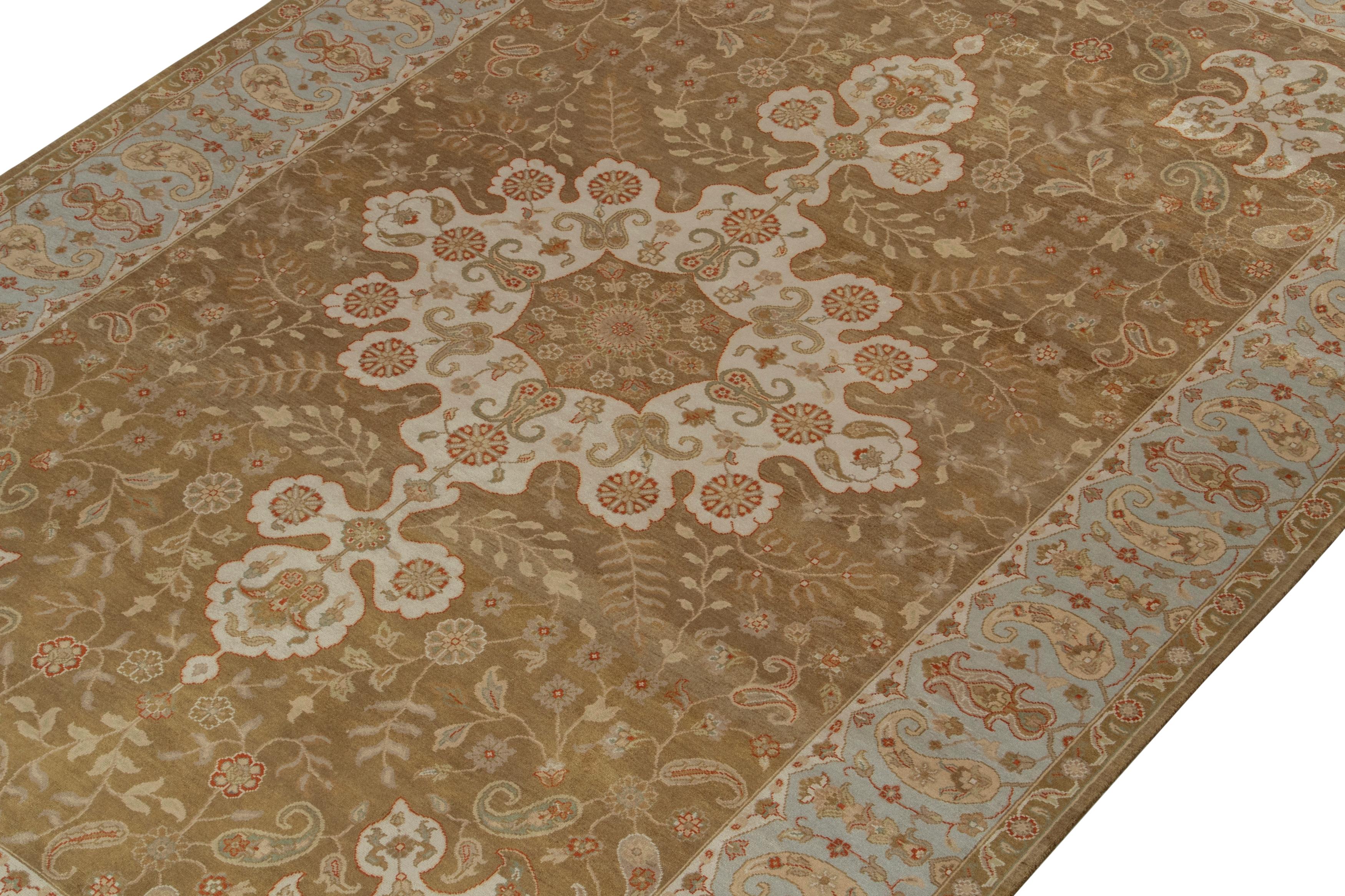 Indian Rug & Kilim’s Classic Style rug with Brown and Off-White Medallion Floral Style For Sale