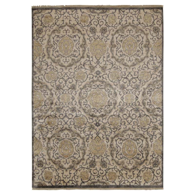 Rug and Kilim’s Classic Style Rug with Gray, Beige and Gold Floral ...