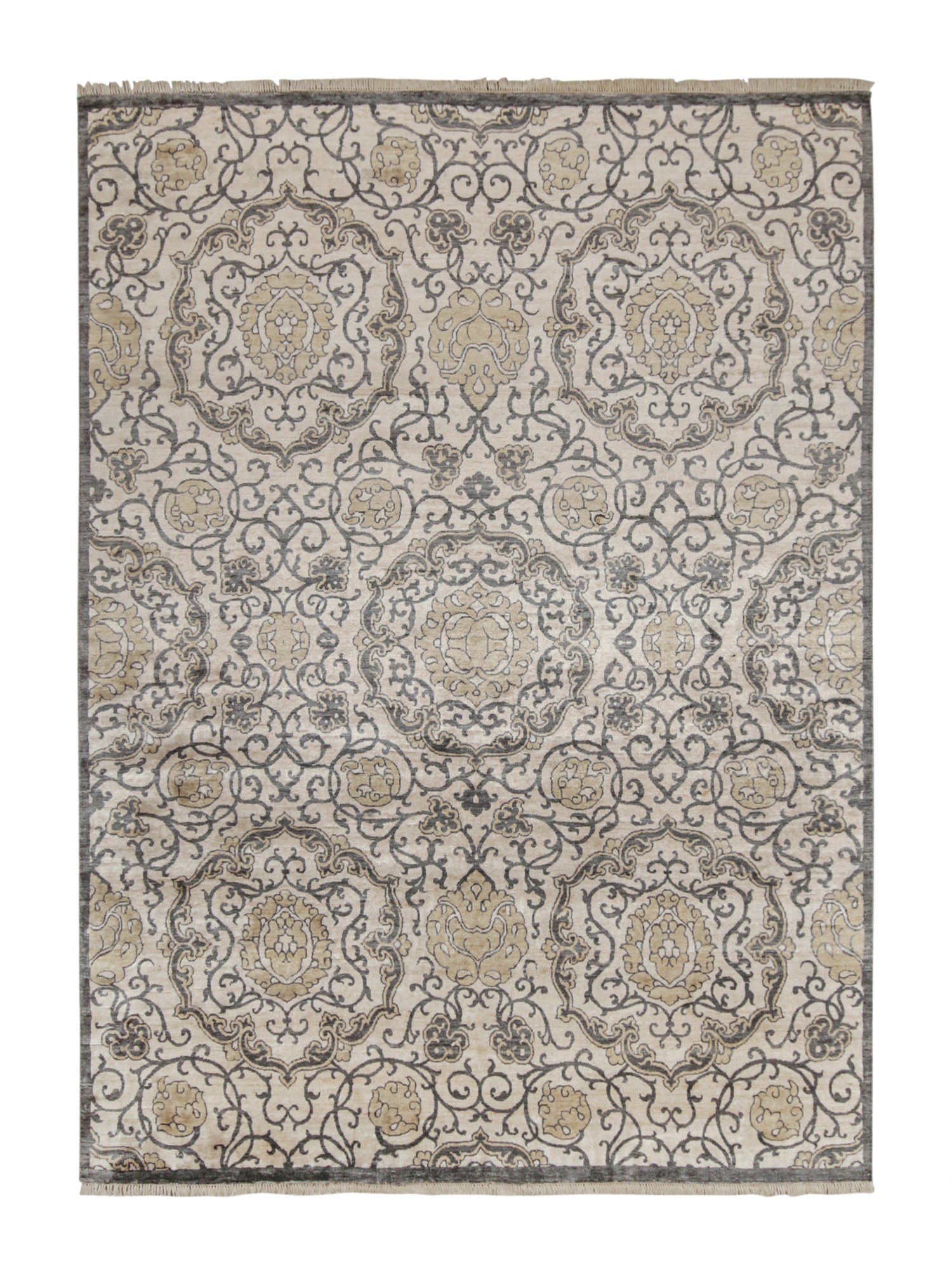 Rug & Kilim’s Classic Style Rug with Gray, Beige and Gold Floral Medallions