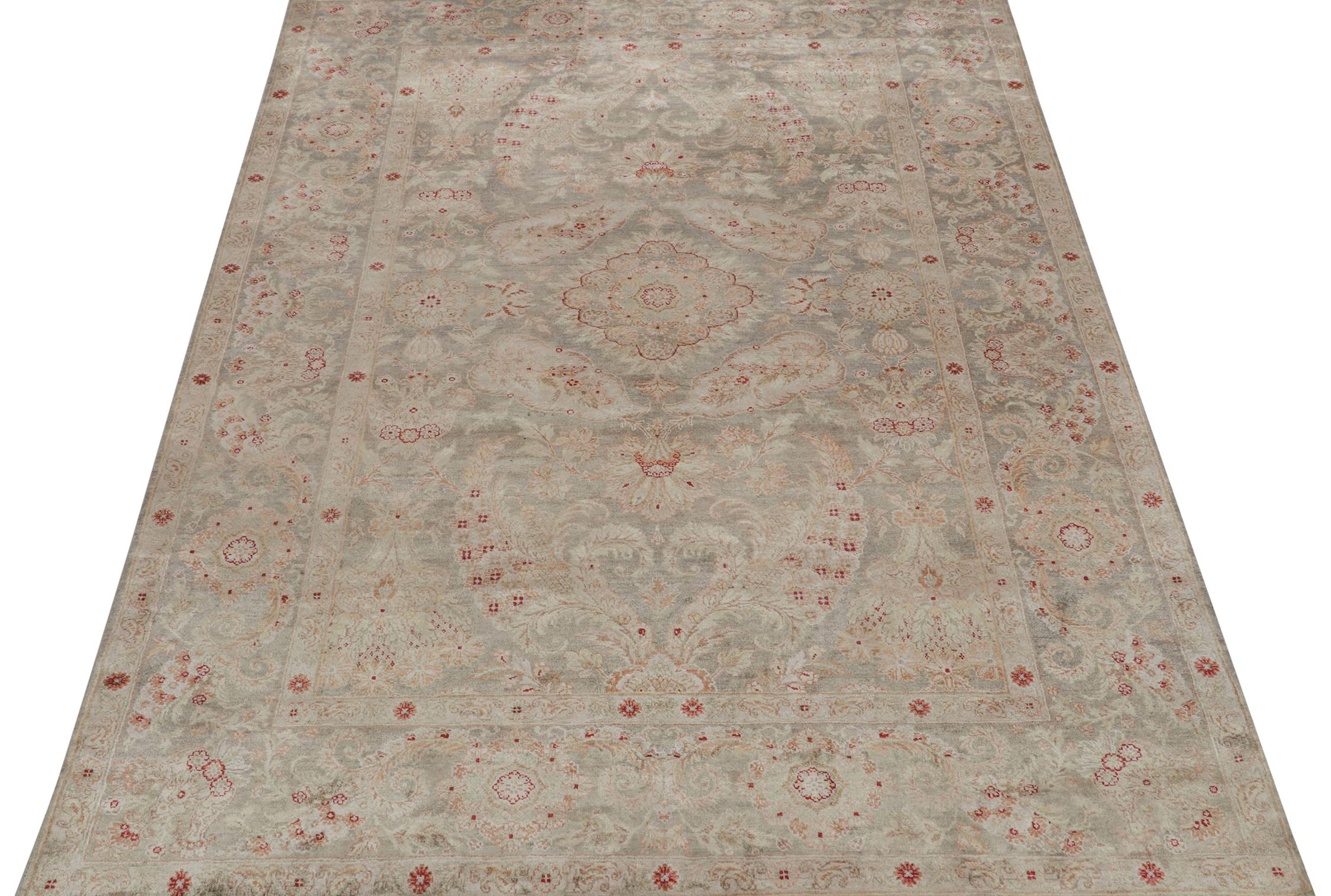 Indian Rug & Kilim’s Classic Style Rug with Gray, Pink and Green Floral Pattern For Sale