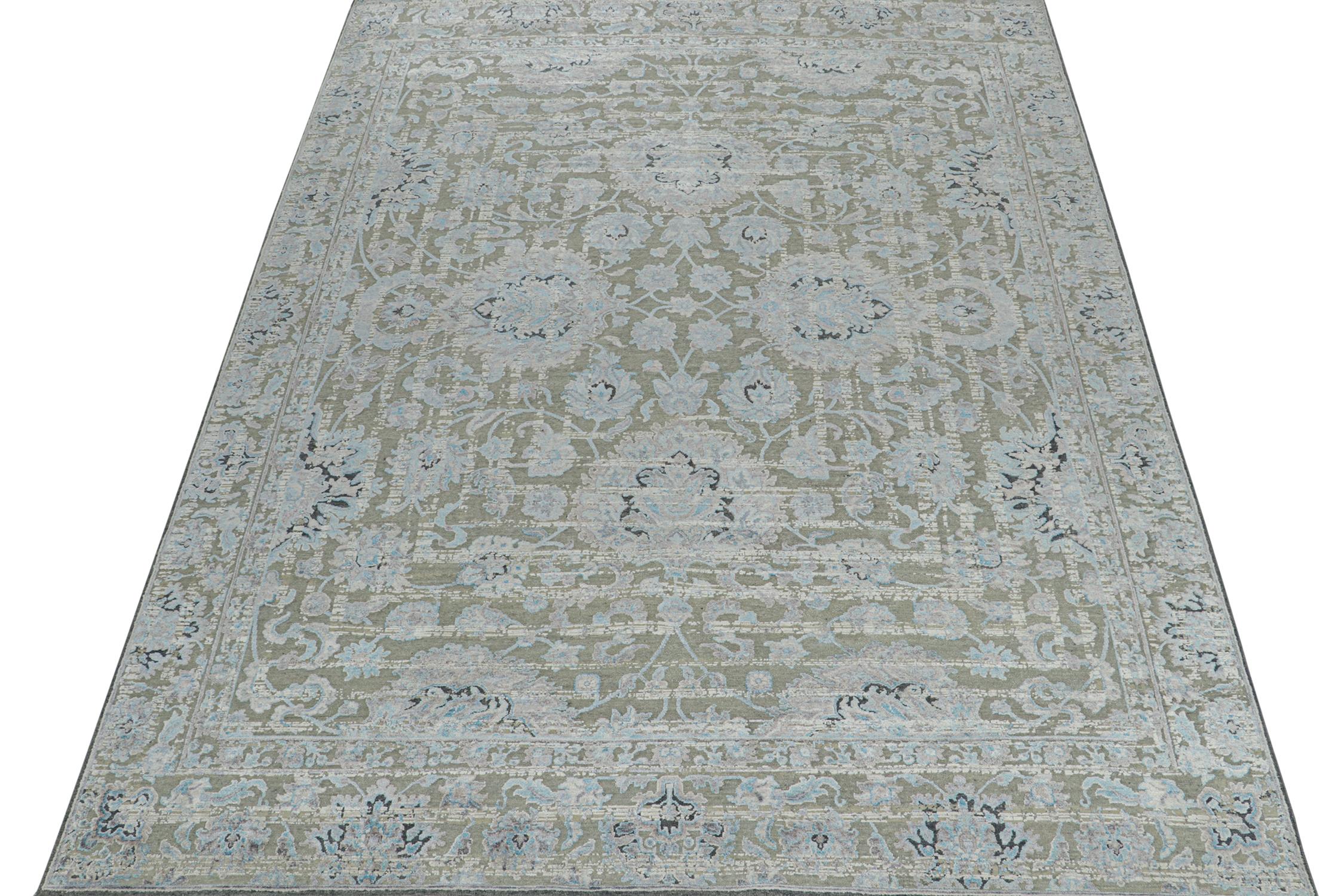 Indian Rug & Kilim’s Modern Classics Rug in Gray With Blue Floral Patterns For Sale
