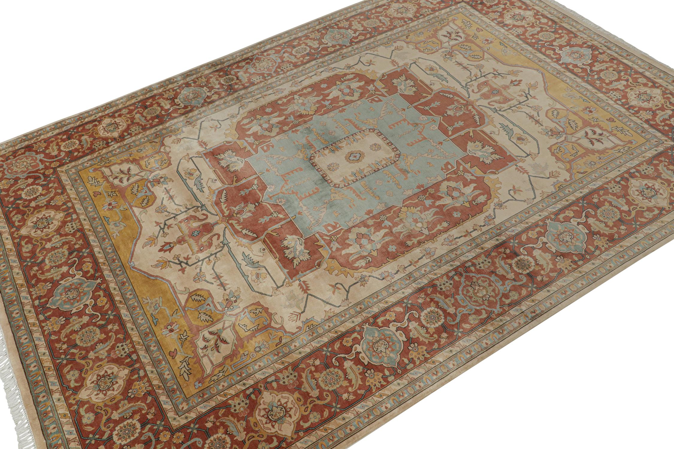 Indien Rug & Kilim's Classic Style Rug with Red and Gold with Blue Medallion Pattern (Tapis de style classique avec motif de médaillon rouge et or) en vente