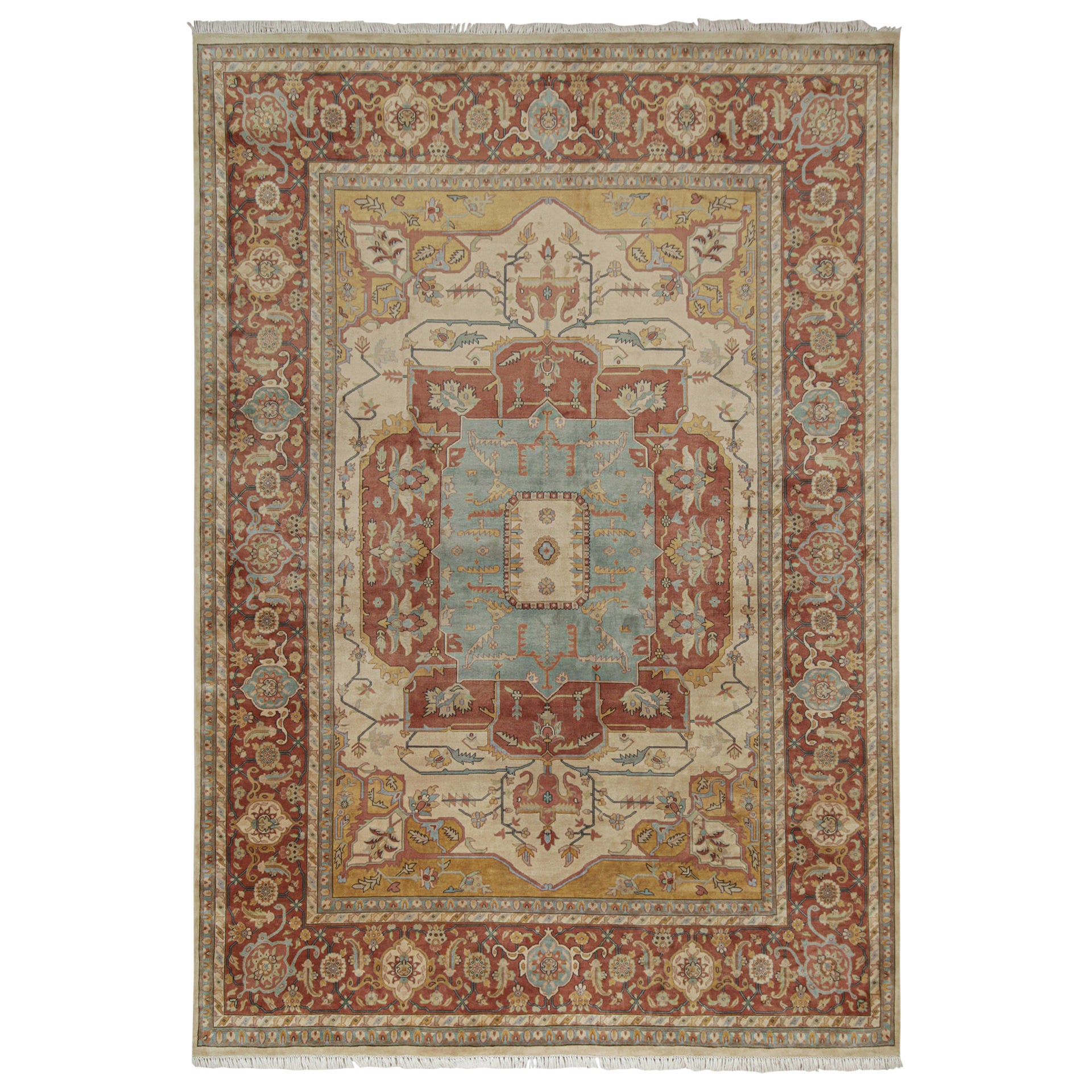 Rug & Kilim's Classic Style Rug with Red and Gold with Blue Medallion Pattern (Tapis de style classique avec motif de médaillon rouge et or)