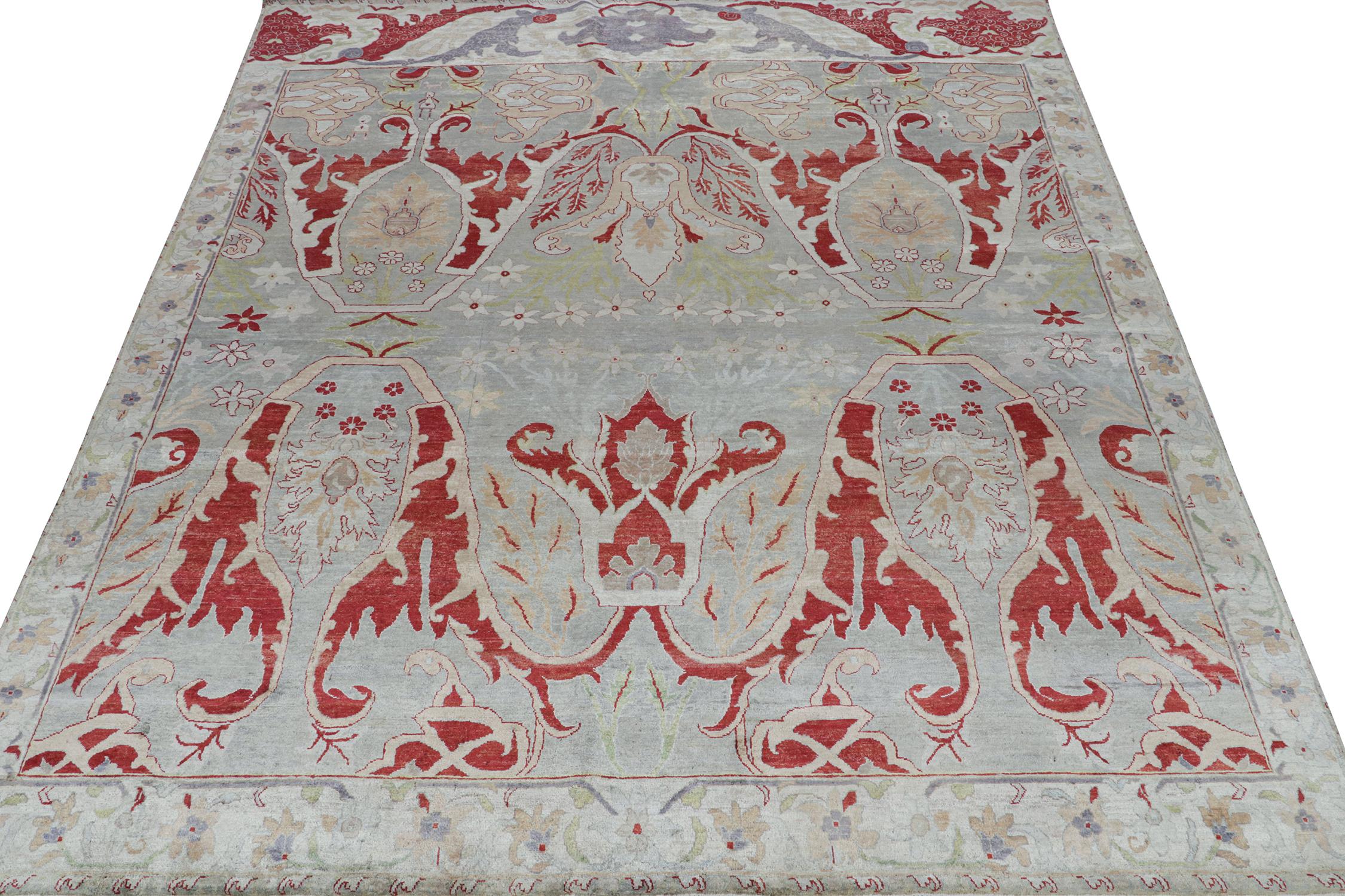 Art Deco Rug & Kilim’s Classic Style Rug with Red, Blue and Grey Floral Patterns For Sale