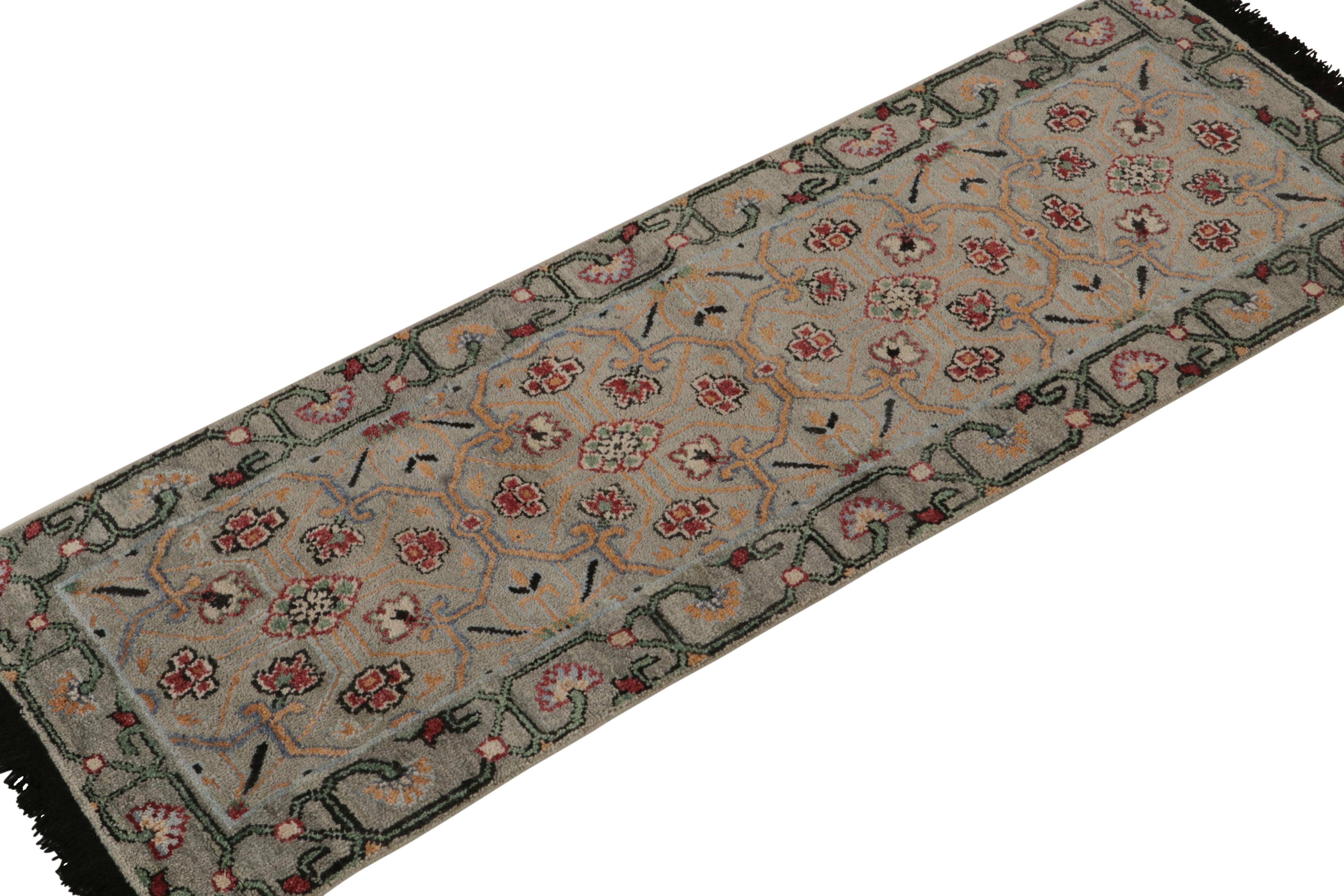 A 2x6 runner inspired by classic transitional rug styles, from Rug & Kilim’s Burano Black-Weft Collection. 

Hand-knotted in the softest Persian wool, enjoying green and blue with pink-red accents throughout all over floral patterns. Lending