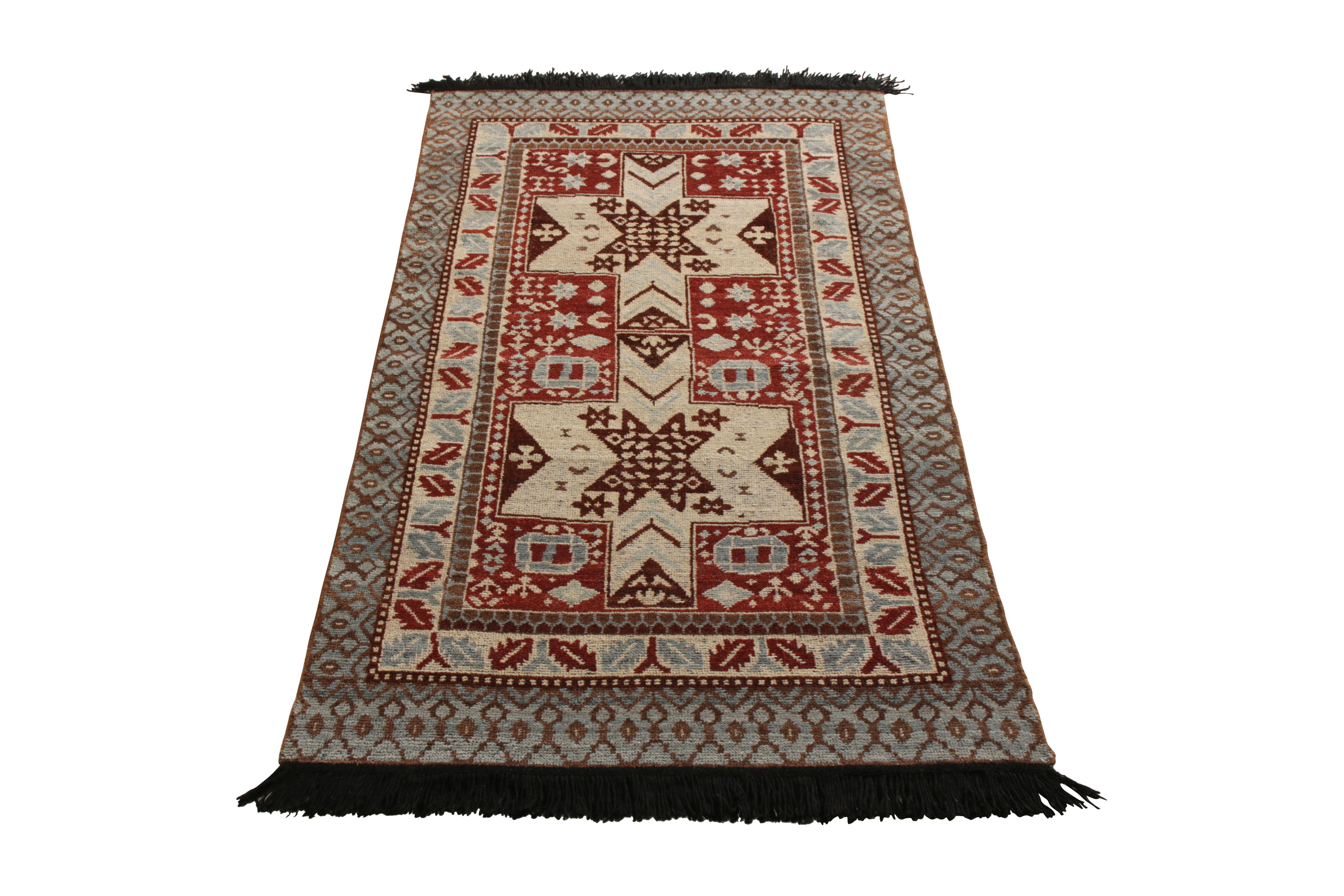 A 3 x 6 runner from Rug & Kilim’s Burano Collection, hand knotted in notably soft Ghazni wool. Enjoying rich burgundy in a warm-and-cool blue and beige-brown complementing this take on tribal geometric patterns.

On the design: The balance of warm