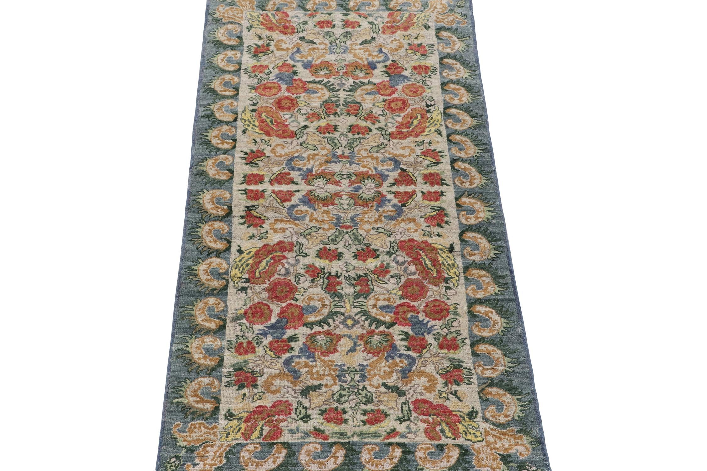 Tribal Rug & Kilim’s Classic Style Runner in Red Floral Patterns on Off-White For Sale