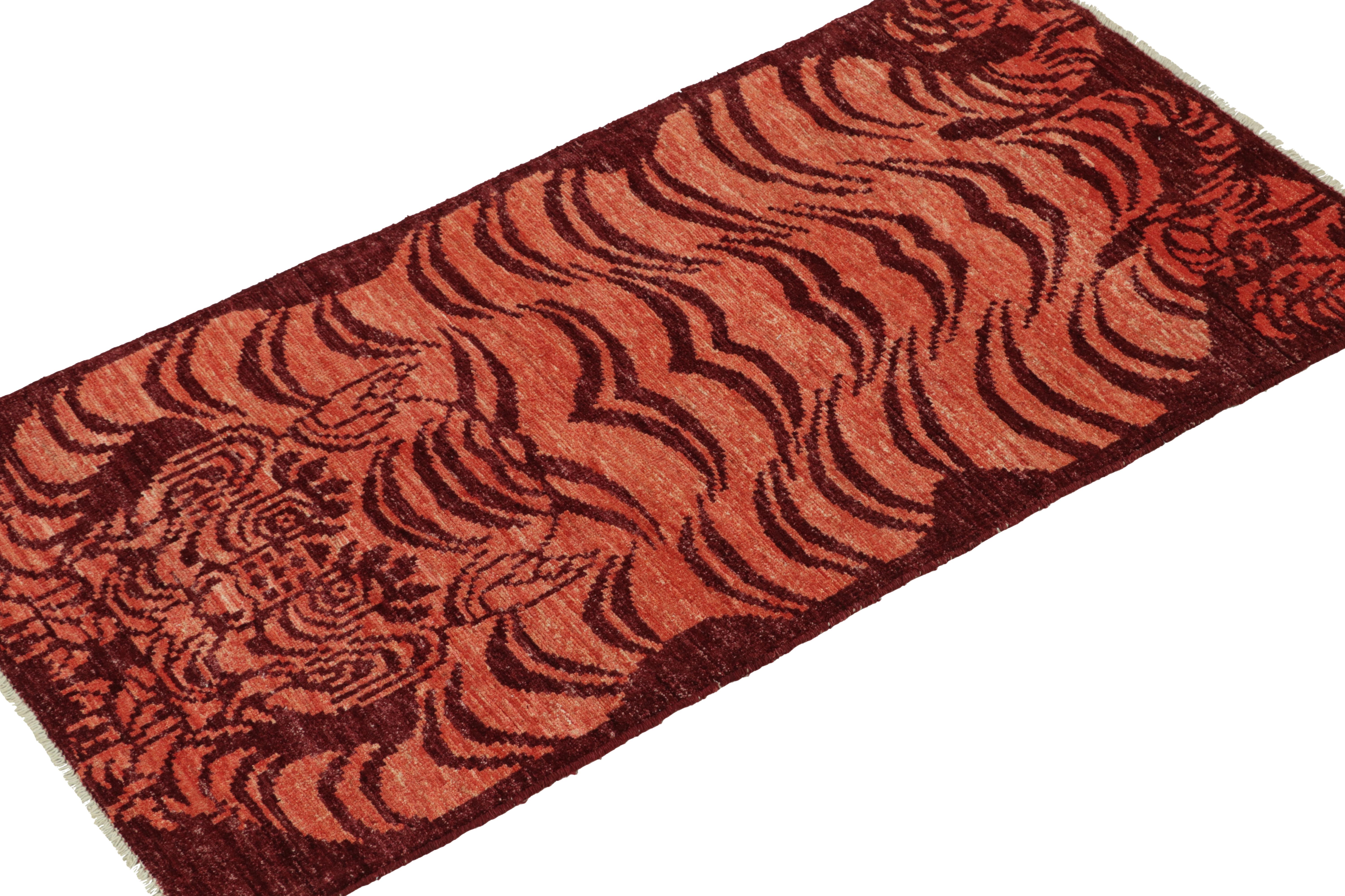 This new 3x6 runner is a grand entry in Rug & Kilim’s Modern Classics Collection. Hand-knotted in all wool.

Further on the Design:

This design recaptures tiger skin pictorial in a bold play of tones of red and orange with a fiery presence.