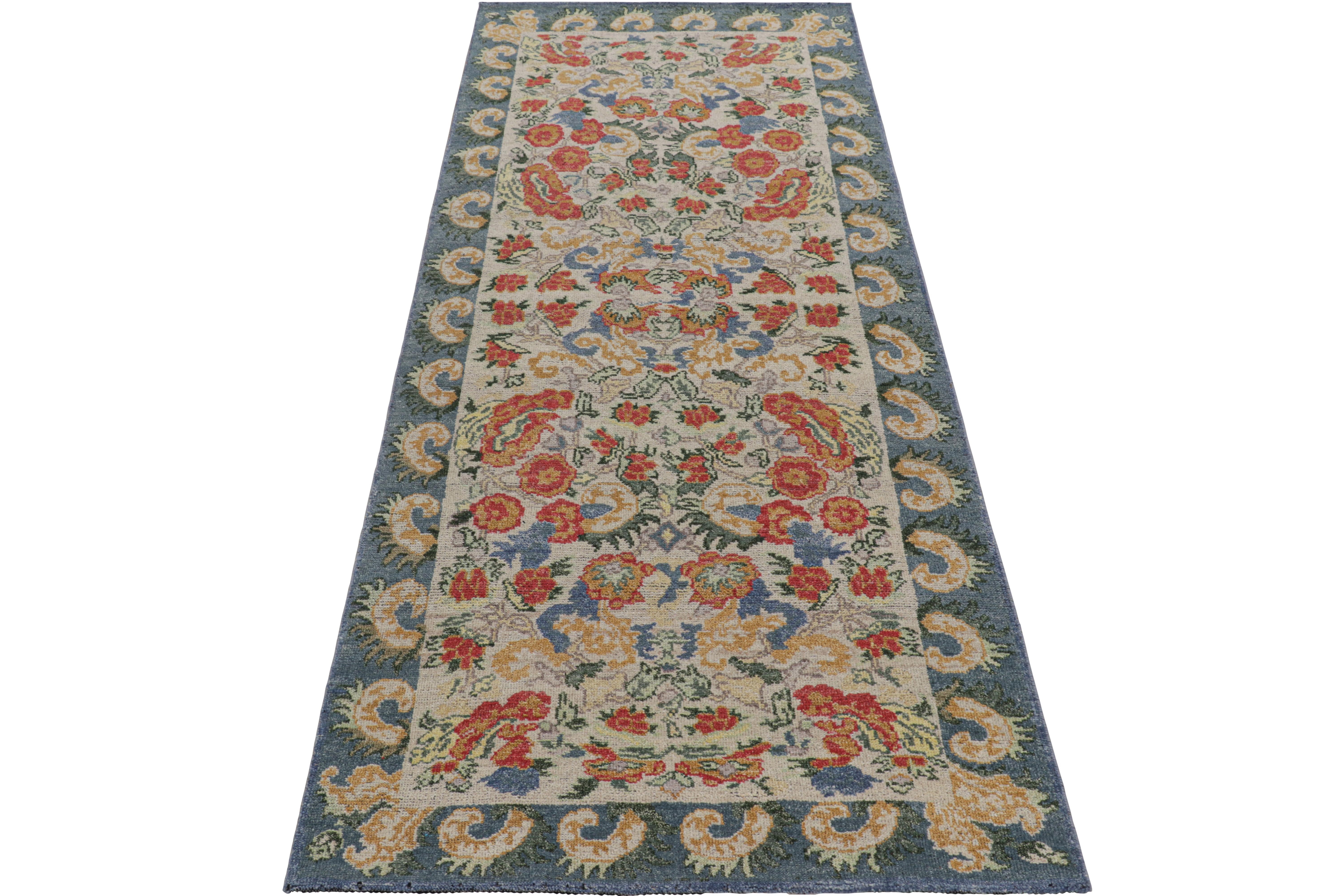 Hand-Knotted Rug & Kilim’s Classic Style Runner Rug in White with Floral Patterns For Sale