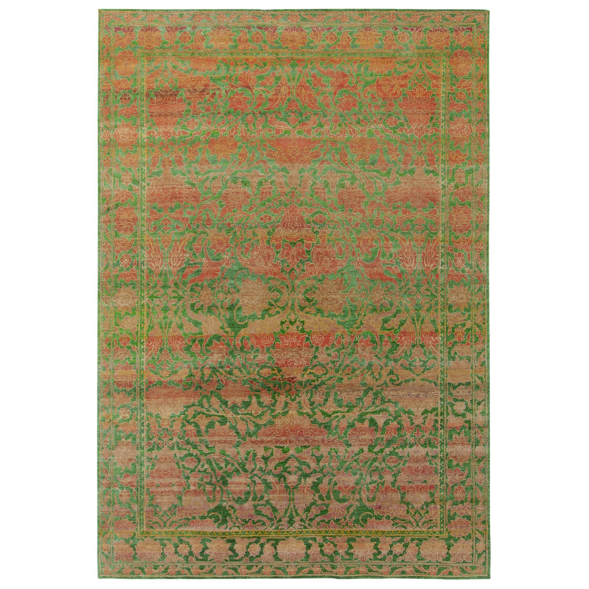 Rug & Kilim’s Classic Style Silk Rug in Green, Floral Patterns