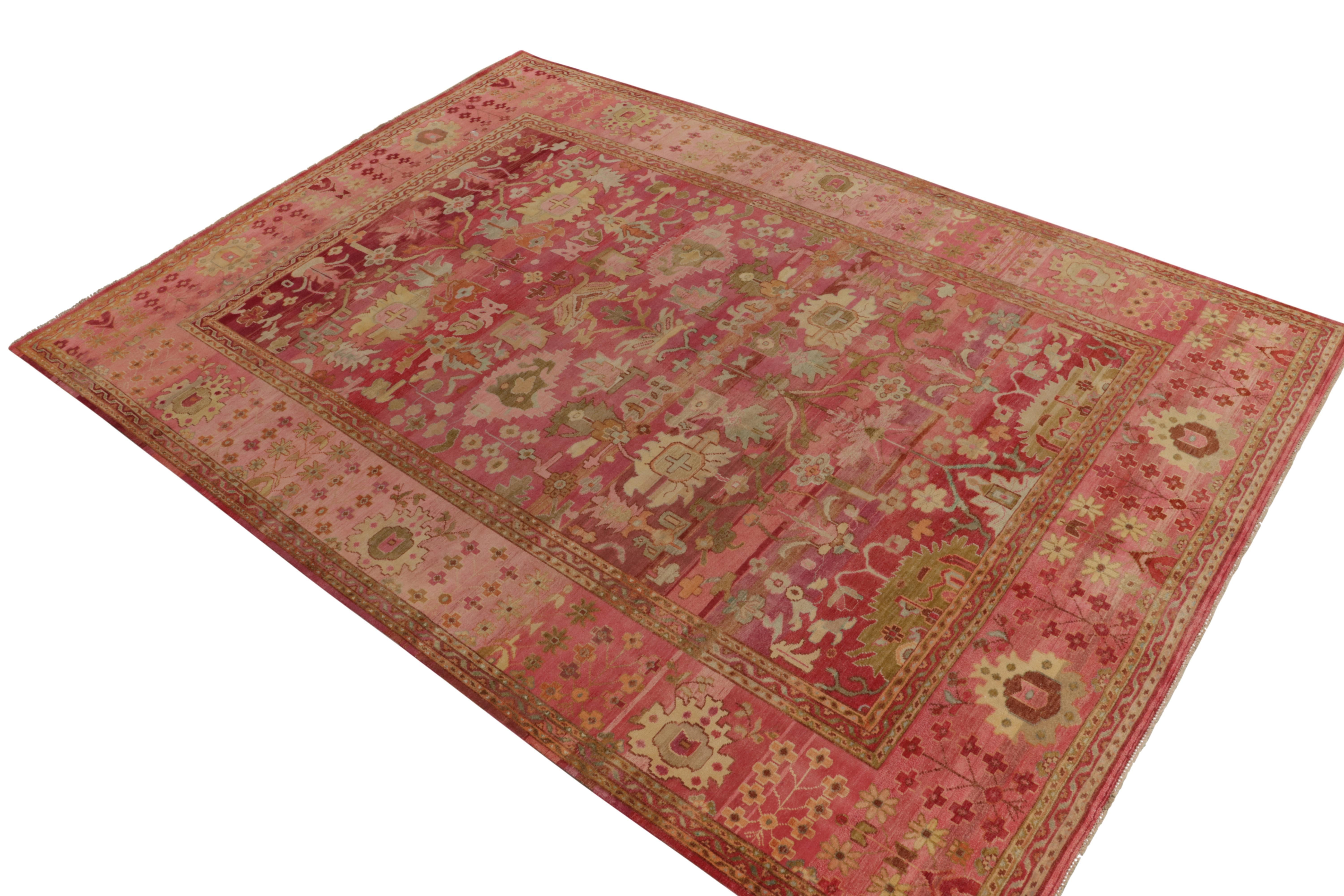 Turkish Rug & Kilim’s Classic Style Silk Rug in Pink, Beige-Brown Floral Pattern For Sale