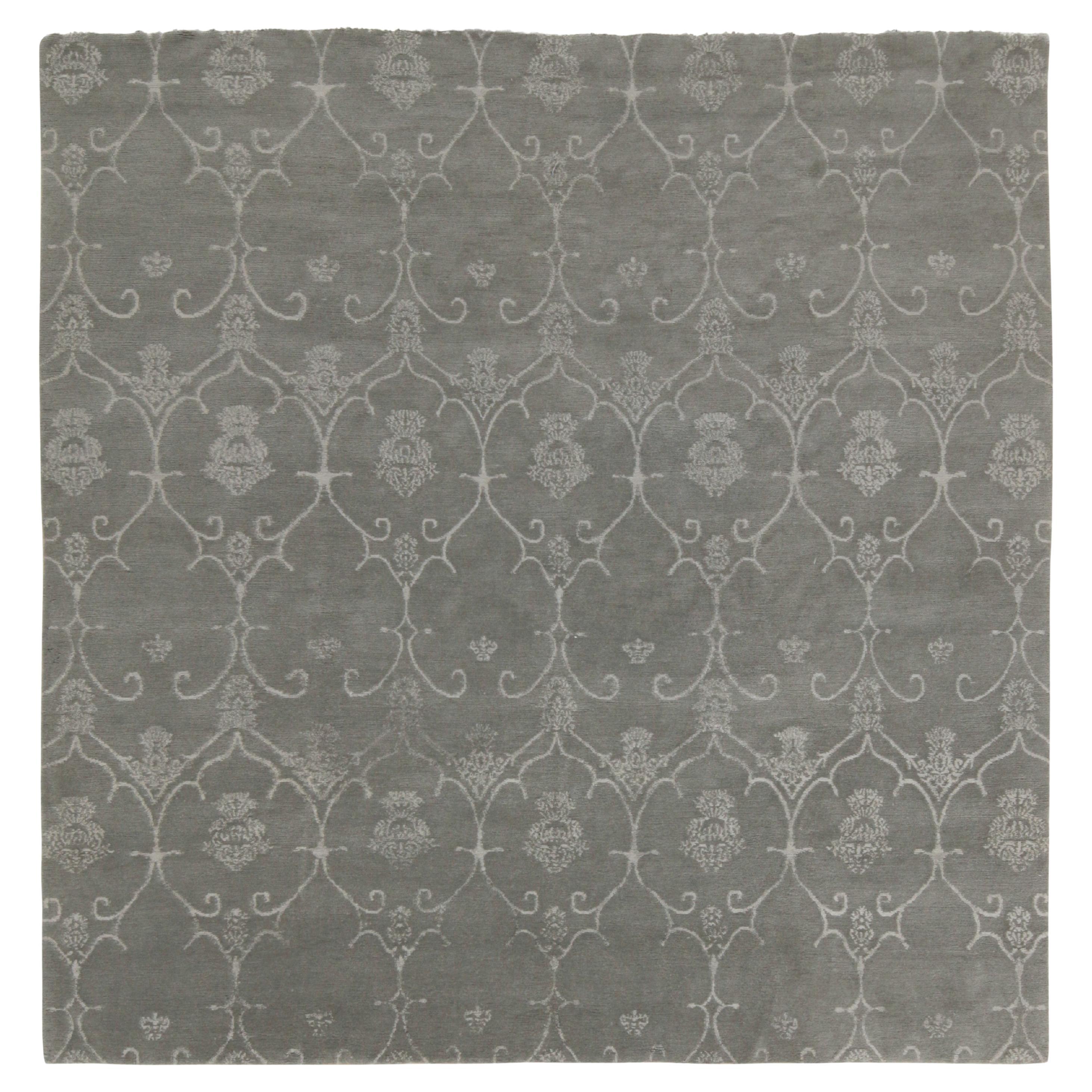 Rug & Kilim’s Classic Style Square Rug in Grey with Floral Trellis Patterns For Sale